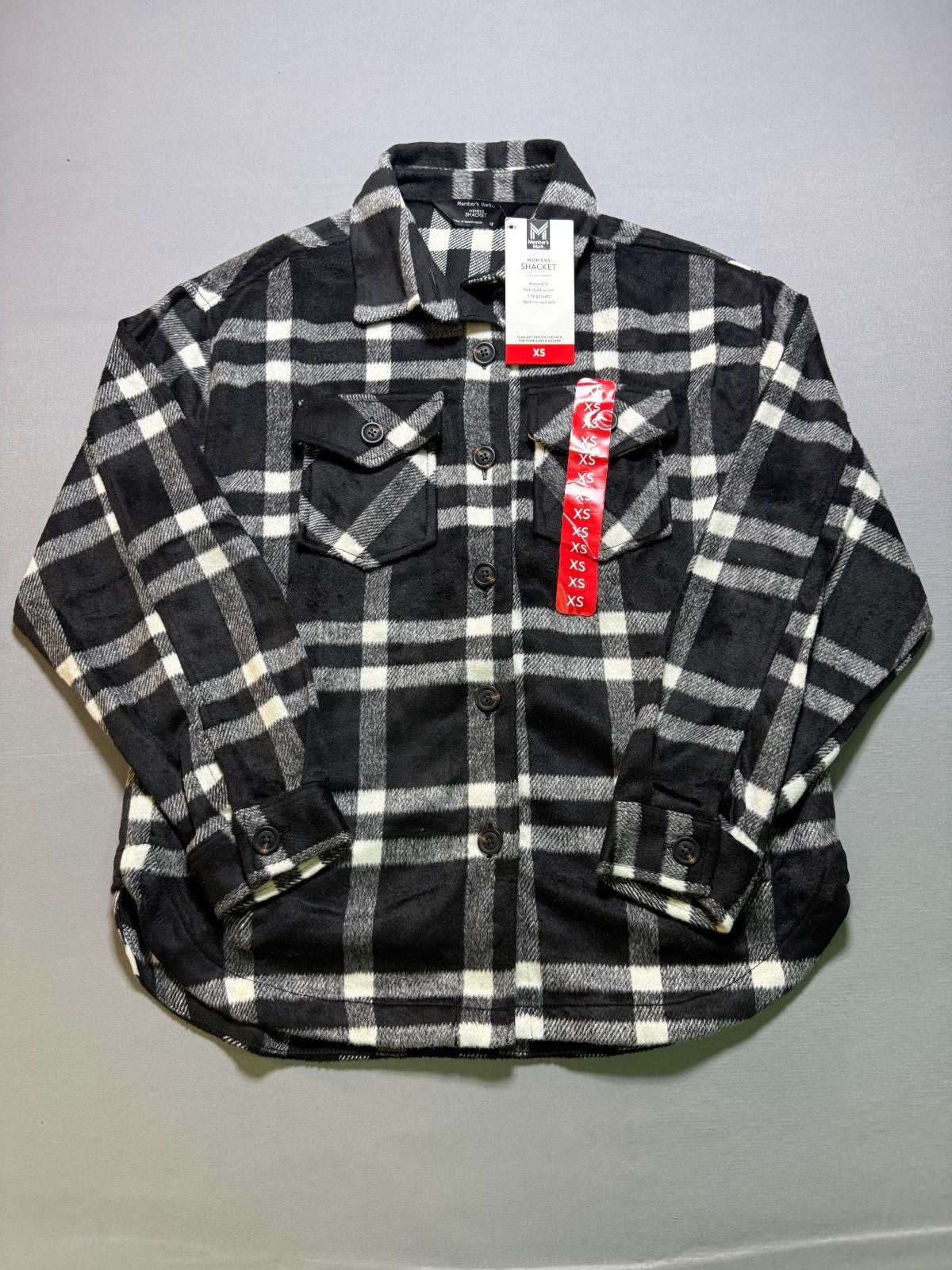 NWT Member's Mark Button-Front Plaid Shacket Women's XS Black/White Flap Pockets