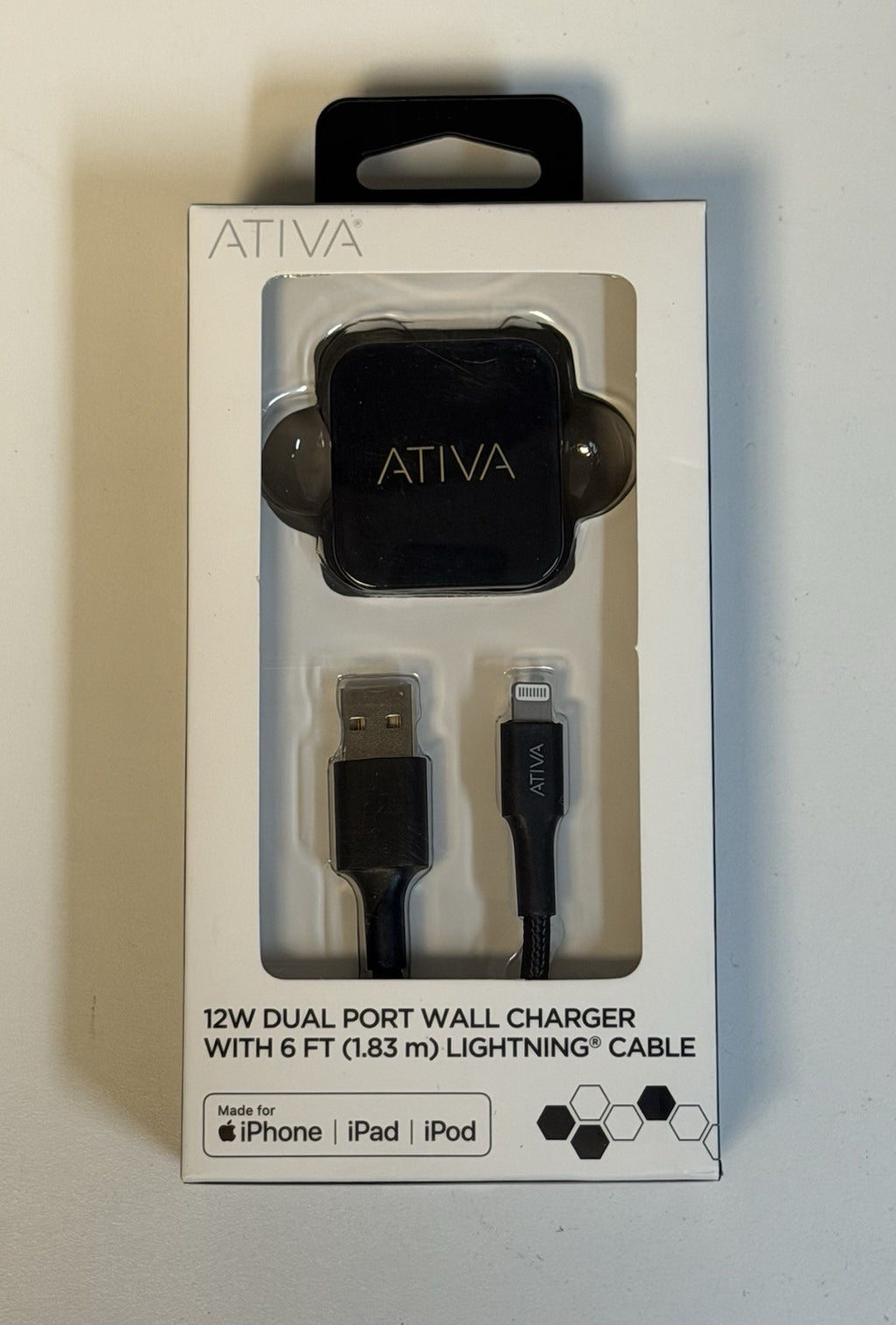ATIVA ~ 12W Dual Port Wall Charger W/ 6FT Fast Charging Cable Black ~ NEW SEALED