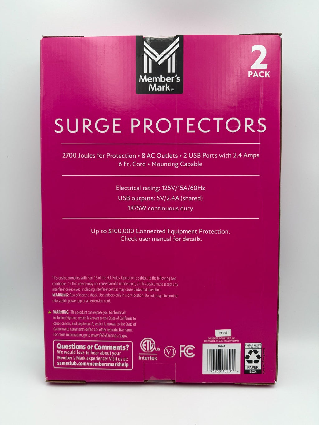 Member's Mark 8 AC Outlets 2 USB Ports 2700 Joules 6ft Surge Protectors - 2 Pack