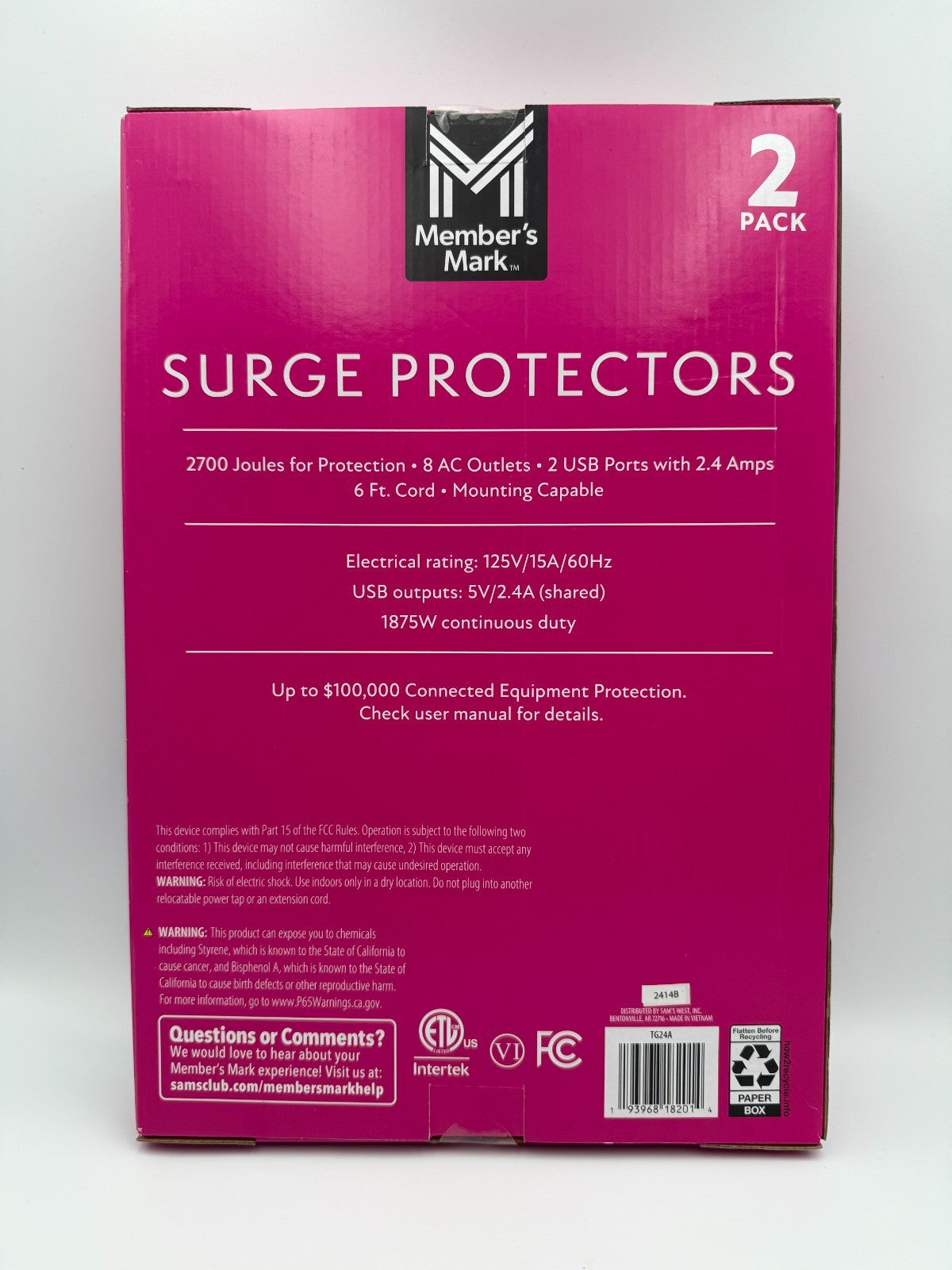 Member's Mark 8 AC Outlets 2 USB Ports 2700 Joules 6ft Surge Protectors - 2 Pack