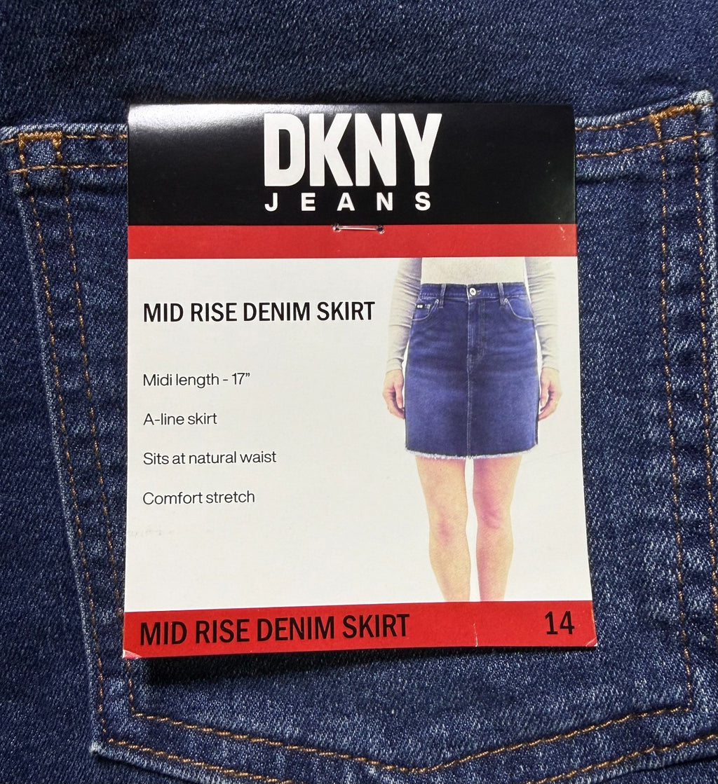 NWT DKNY Jeans Mid-Rise Denim A-Line Skirt Women's 14 Blue Comfort Stretch