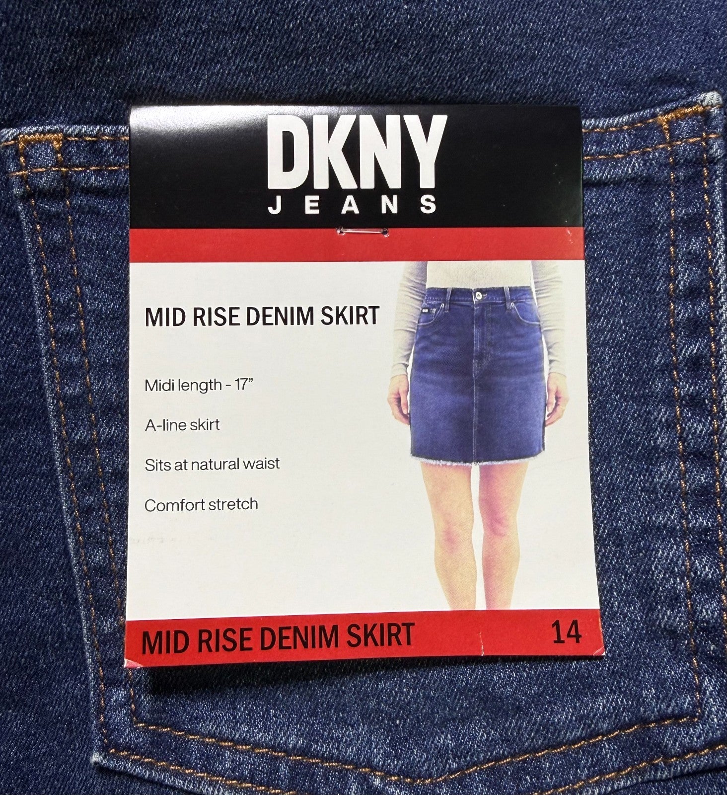 NWT DKNY Jeans Mid-Rise Denim A-Line Skirt Women's 14 Blue Comfort Stretch