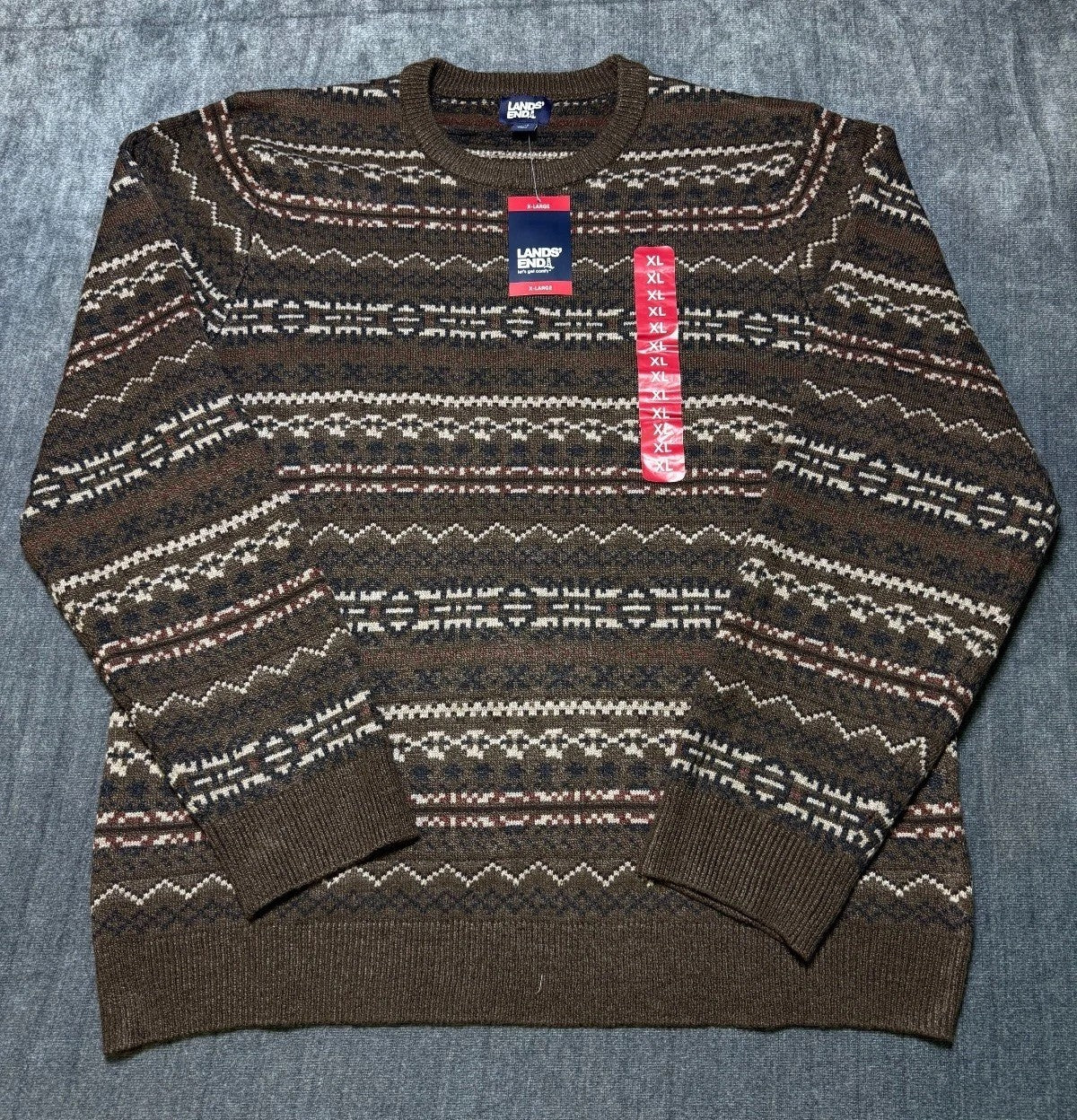 NWT Lands' End Fair Isle Sweater Men's XL Brown Tight-knit Long Sleeve Crew Neck