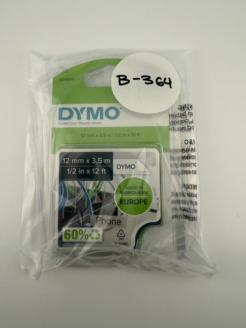 NEW Dymo D1 Flexible Nylon Label Tape Black on White 1/2" x 12ft 12mm S0718040