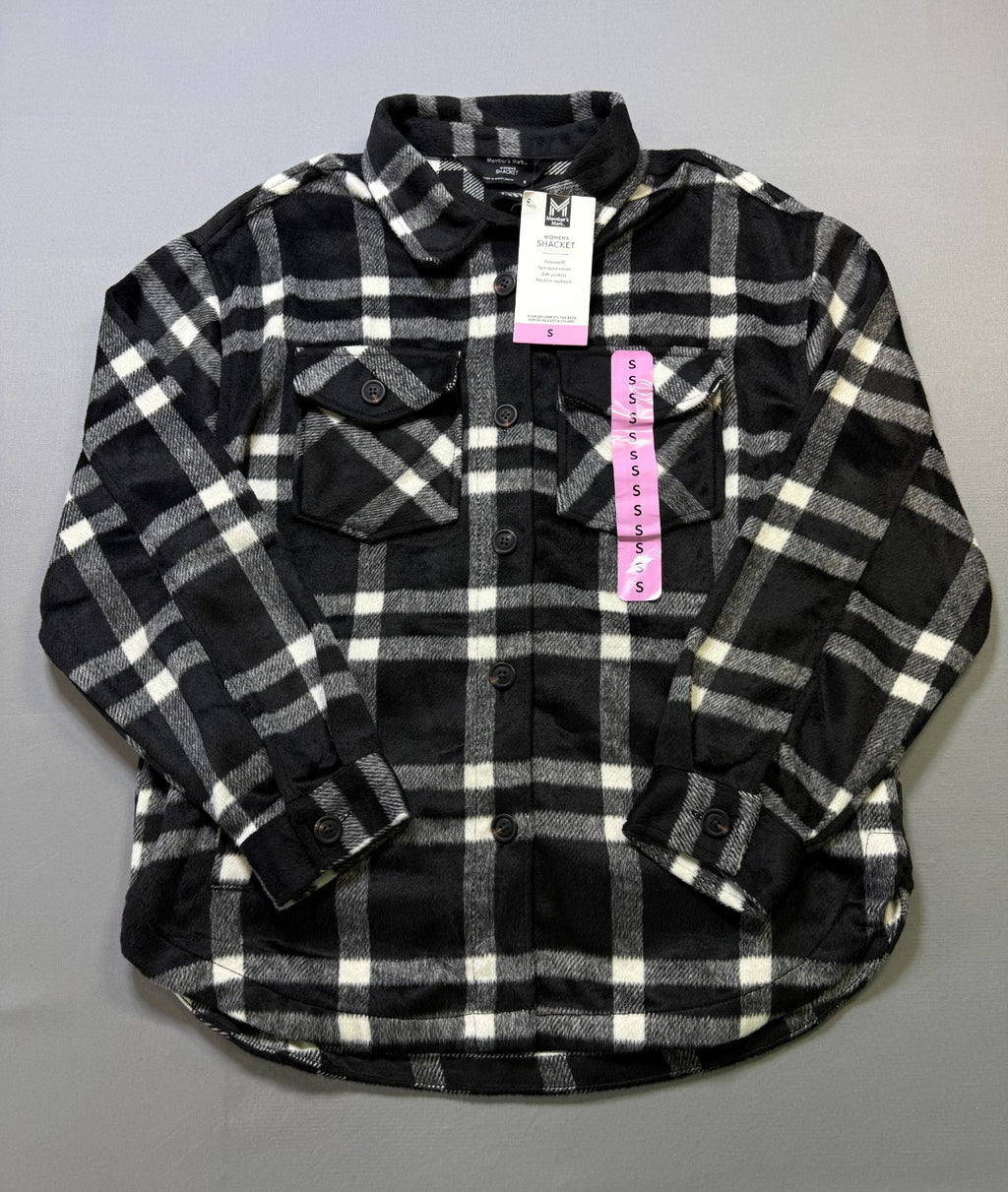 NWT Member's Mark Button-Front Plaid Shacket Women's Small Black/White Pockets