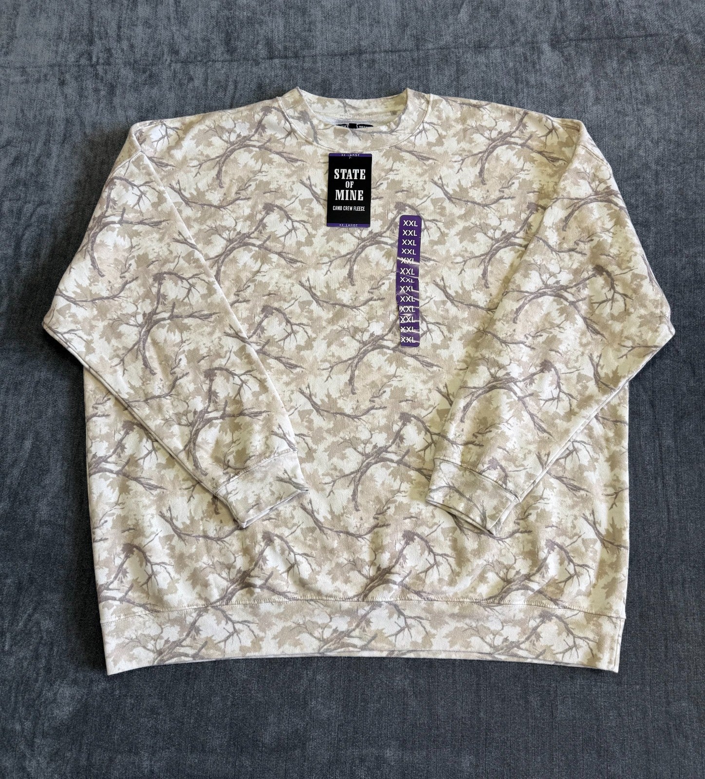 NWT State of Mine Camo Crew Neck Fleece Sweatshirt Men's 2XL White Long Sleeve