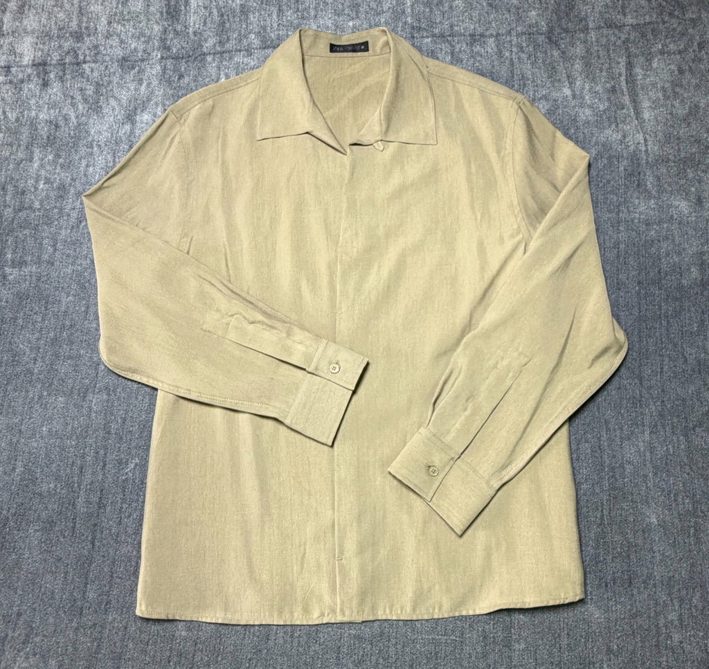 ZARA Relaxed Fit Shirt Men's Large Olive Green Long Sleeve Lapel Collar Button