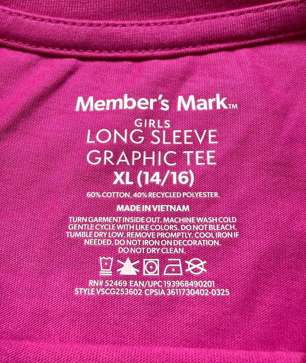 NWT Member's Mark Long Sleeve Graphic Tee Shirt Girls XL 14/16 Crewneck Pullover