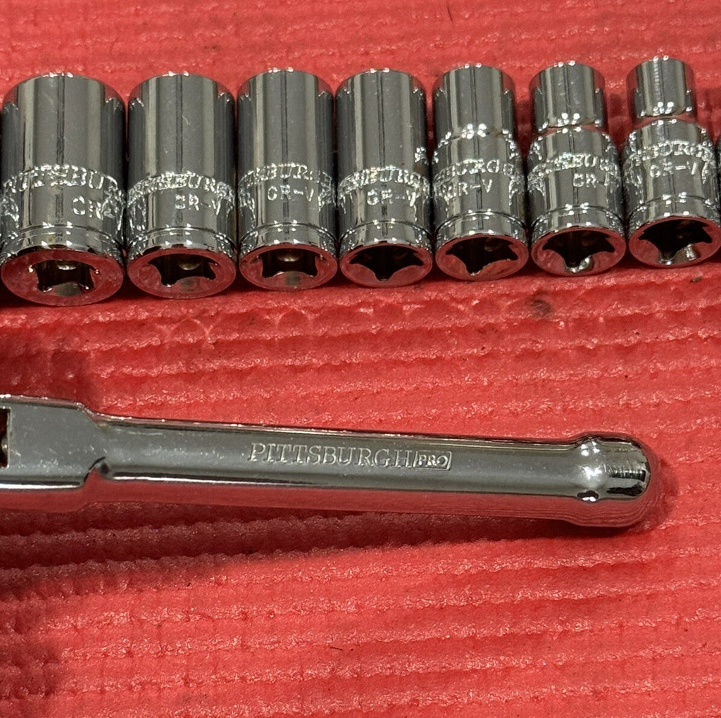 Pittsburgh Pro New 11pc Set 1/4” Drive Stubby Flex Ratchet & SAE Sockets 6pt Set