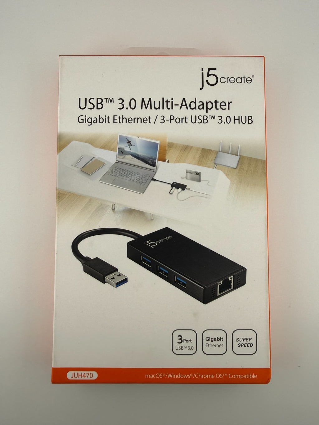 NEW J5Create JUH470 Black 3.0 USB 3-Port Gigabit Ethernet and Hub Multi-Adapter