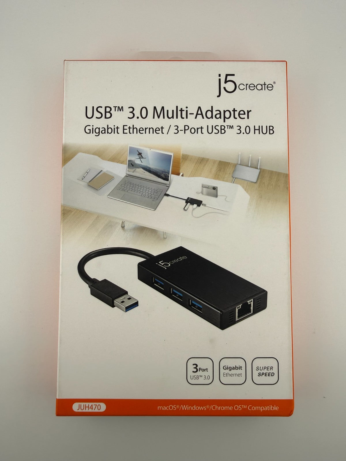 NEW J5Create JUH470 Black 3.0 USB 3-Port Gigabit Ethernet and Hub Multi-Adapter