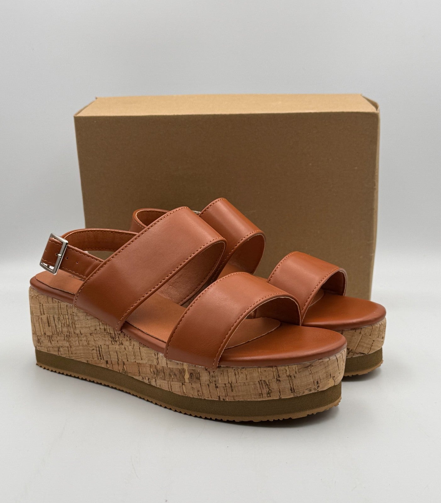 IDIFU Double-Strap Platform Sandals Women's 7 Brown Slingback Comfort Wedge Heel
