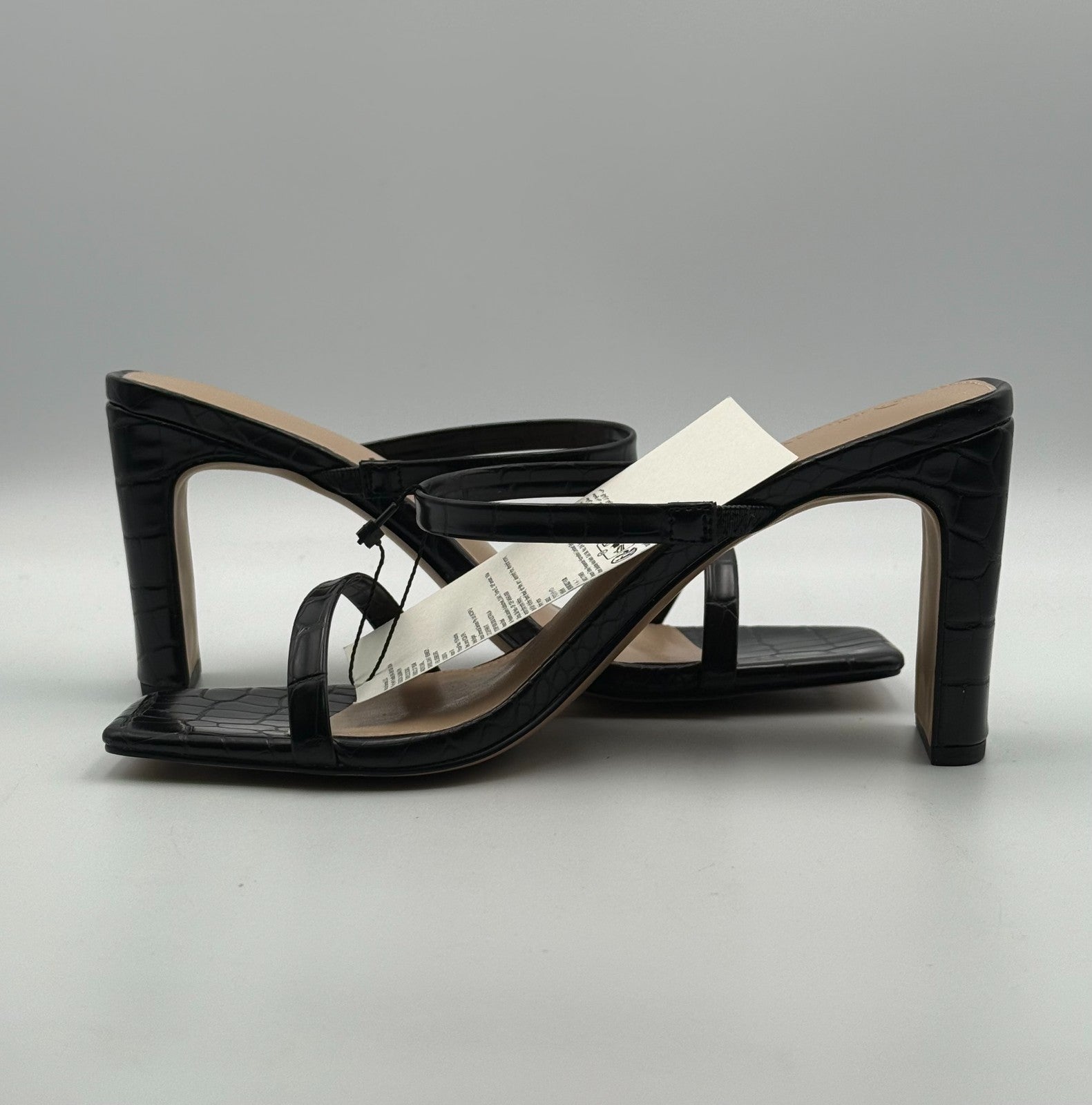 New The Drop Avery Two Strap Sandals Women 9 Black Crocodile Embossed High Heel
