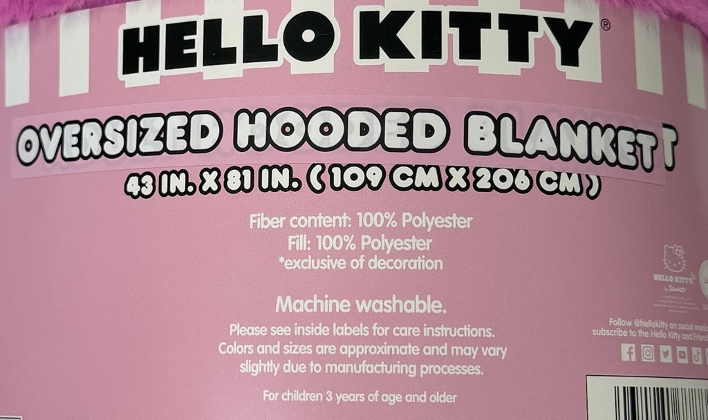 Sanrio Hello Kitty Pink Large Adult Hooded Blanket 43”X81” Pockets & Buttons NEW