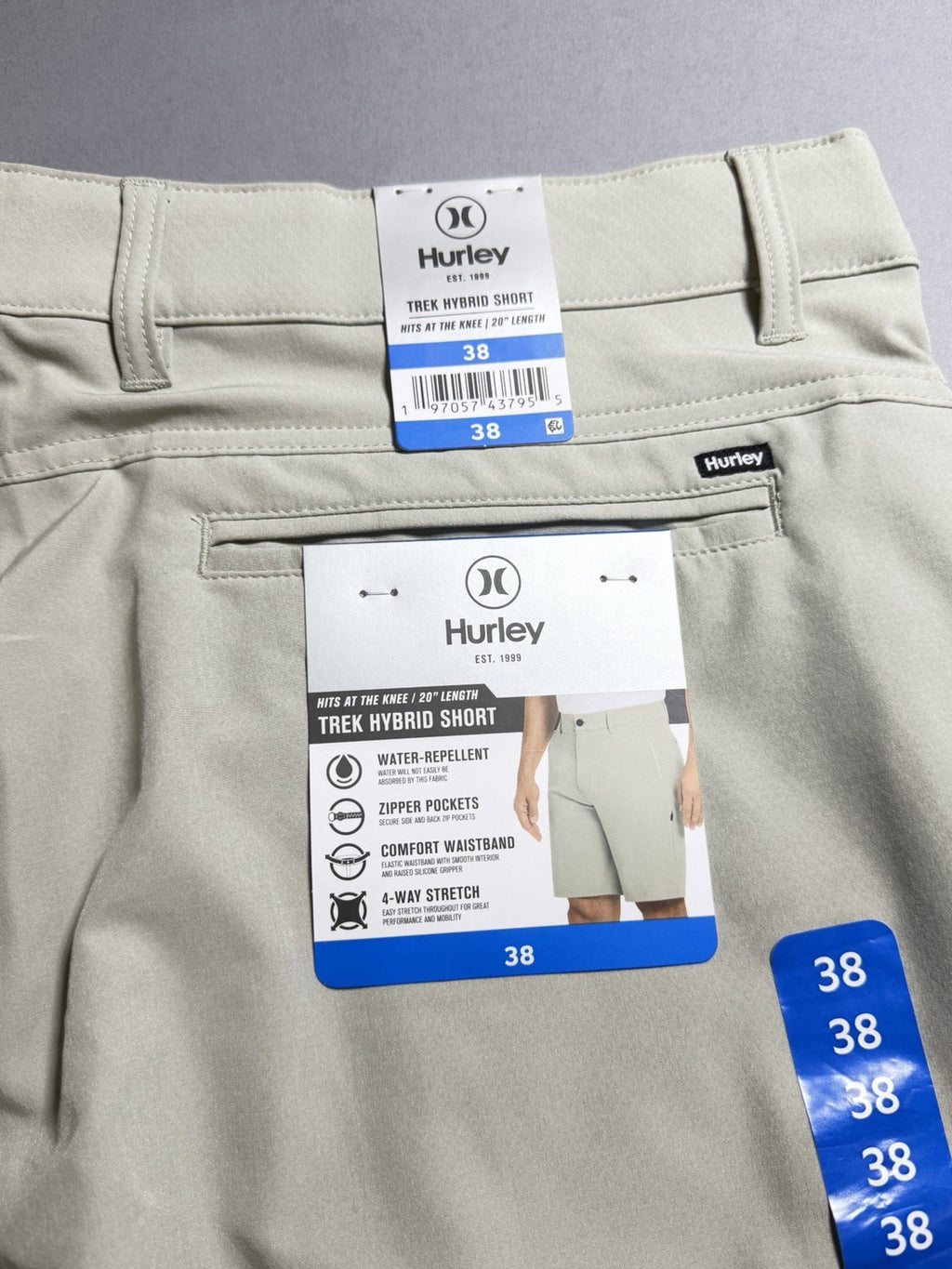 NWT Hurley All Day Hybrid Short Men's Size 38 Light Grey 4-Way Stretch Comfort