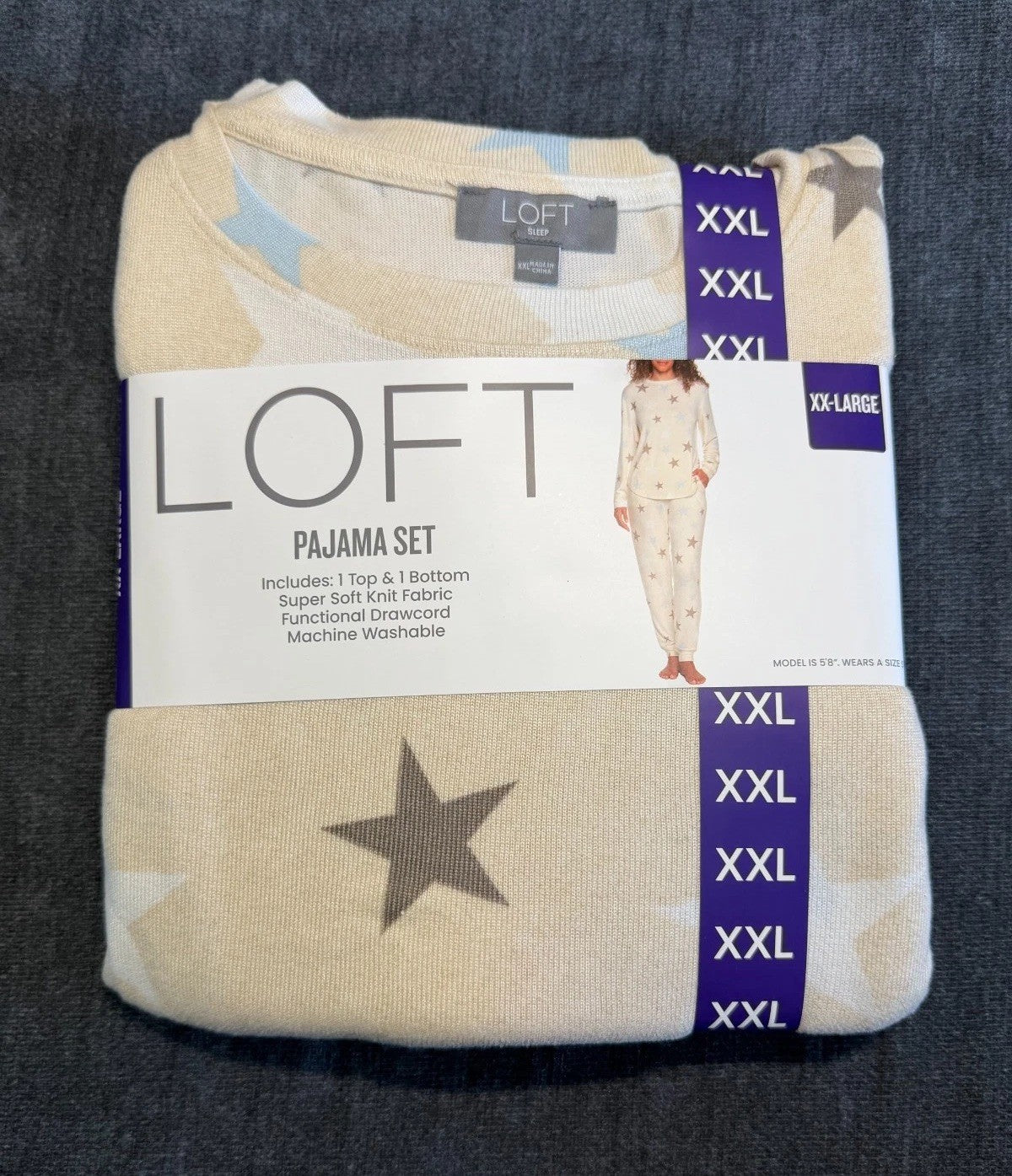 NWT LOFT Pajama Set Women's 2XL Beige Star Print Comfort Sleepwear Top & Bottom