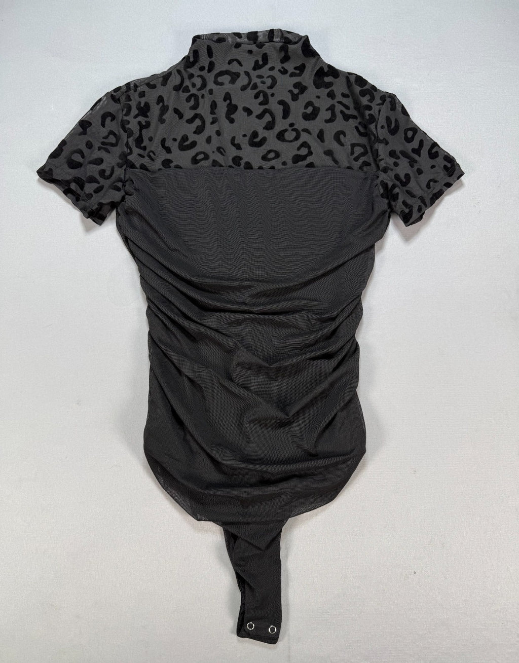 Womens S Black Mesh Leopard Print Bodysuit Short Sleeve Ruched Mock Neck Thong
