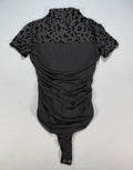 Womens S Black Mesh Leopard Print Bodysuit Short Sleeve Ruched Mock Neck Thong
