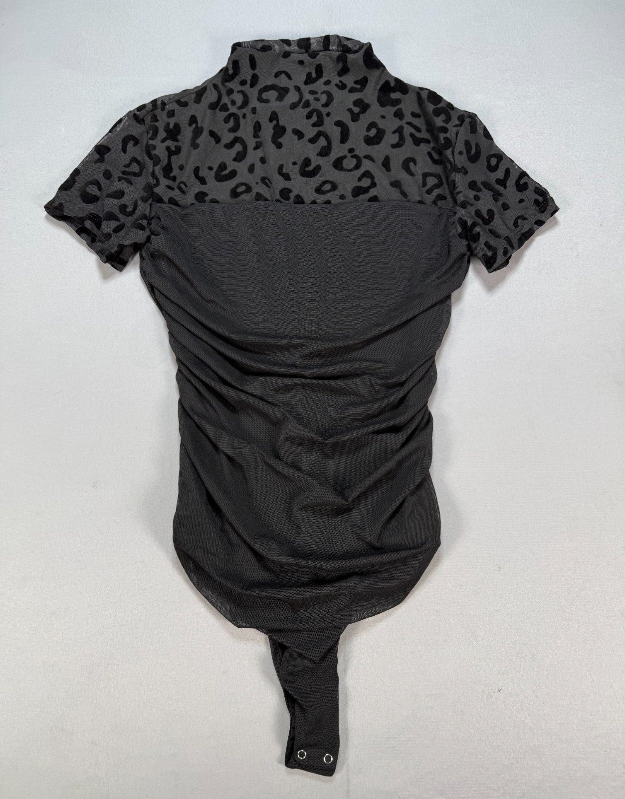 Womens S Black Mesh Leopard Print Bodysuit Short Sleeve Ruched Mock Neck Thong