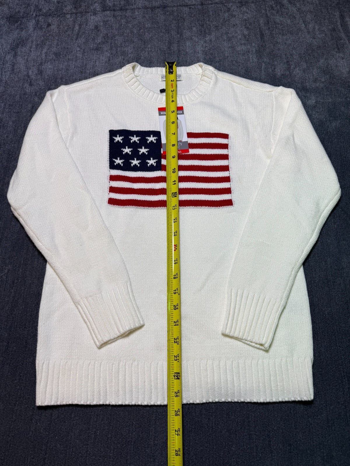 NWT Mighty Fine Americana Sweater Women's XS Cream Ribbed Trims Comfy Pullover