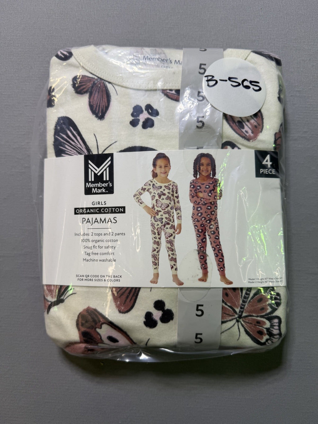 Member's Mark 4-Piece Pajamas Set Girls 5 Pink Long Sleeve 100% Organic Cotton