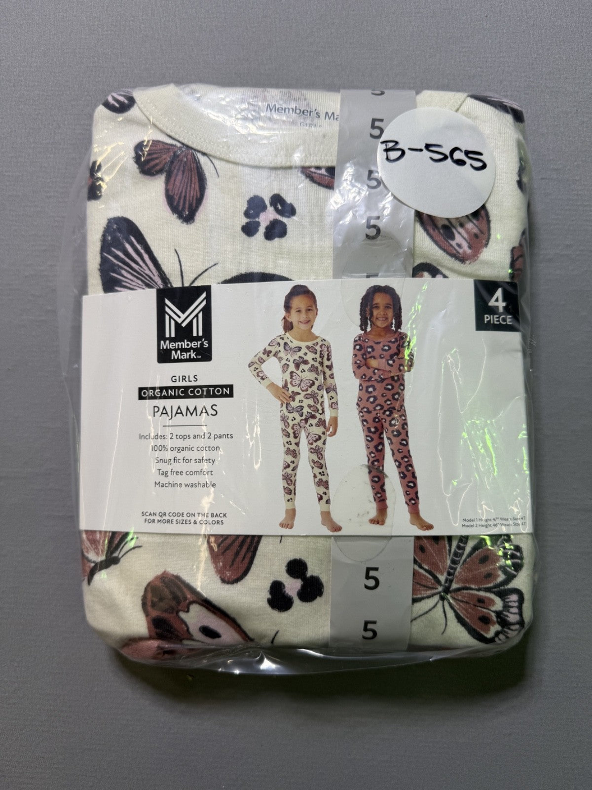 Member's Mark 4-Piece Pajamas Set Girls 5 Pink Long Sleeve 100% Organic Cotton