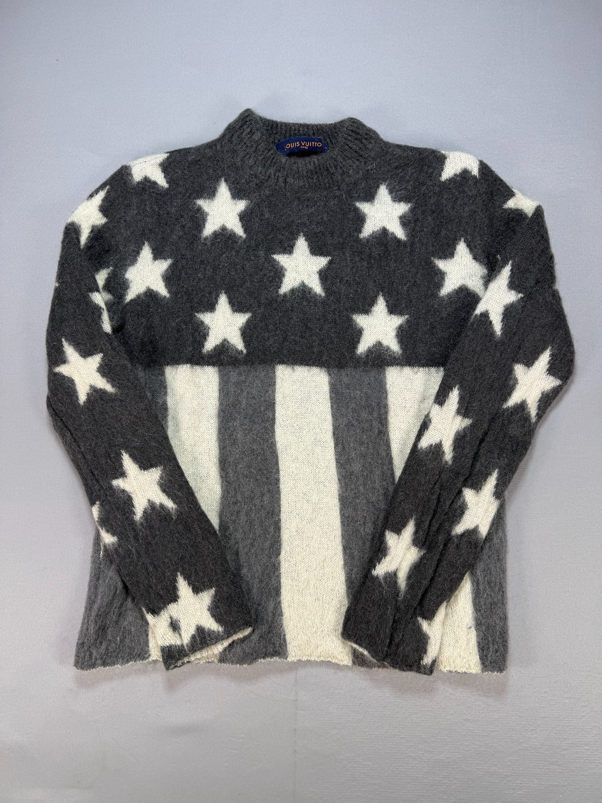 Louis Vuitton Mohair Sweater Men's Small Gray White American Flag Long Sleeve