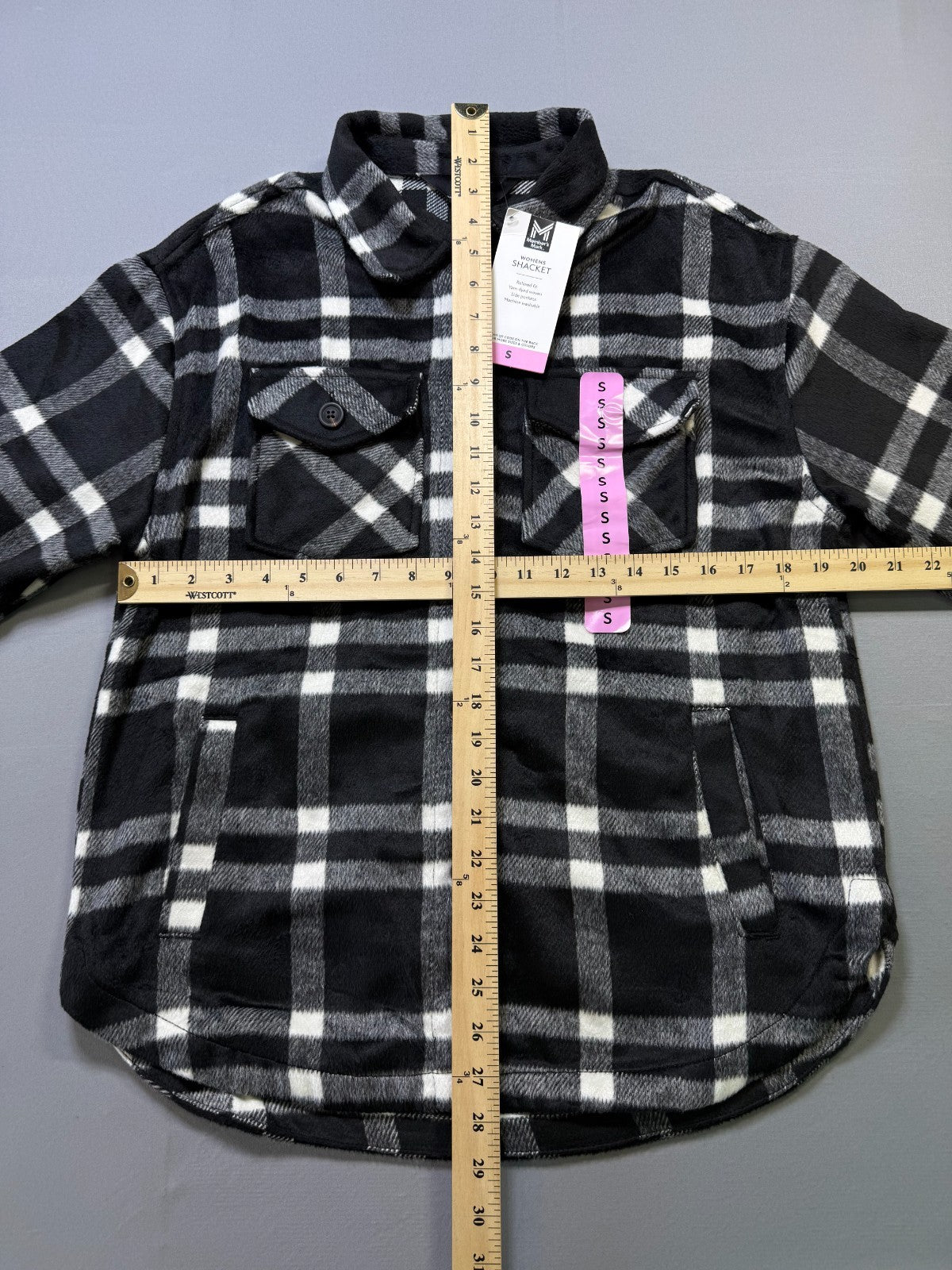 NWT Member's Mark Button-Front Plaid Shacket Women's Small Black/White Pockets