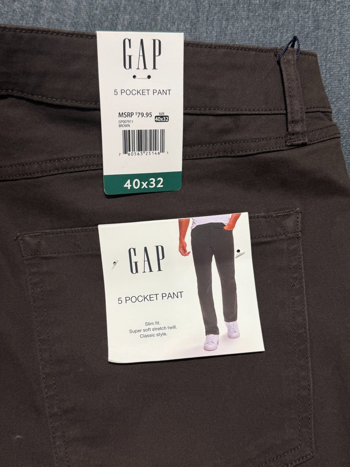 NWT Gap Slim Fit Stretch Twill Pants Men's 40x32 Brown Zip-Fly Classic 5-Pockets