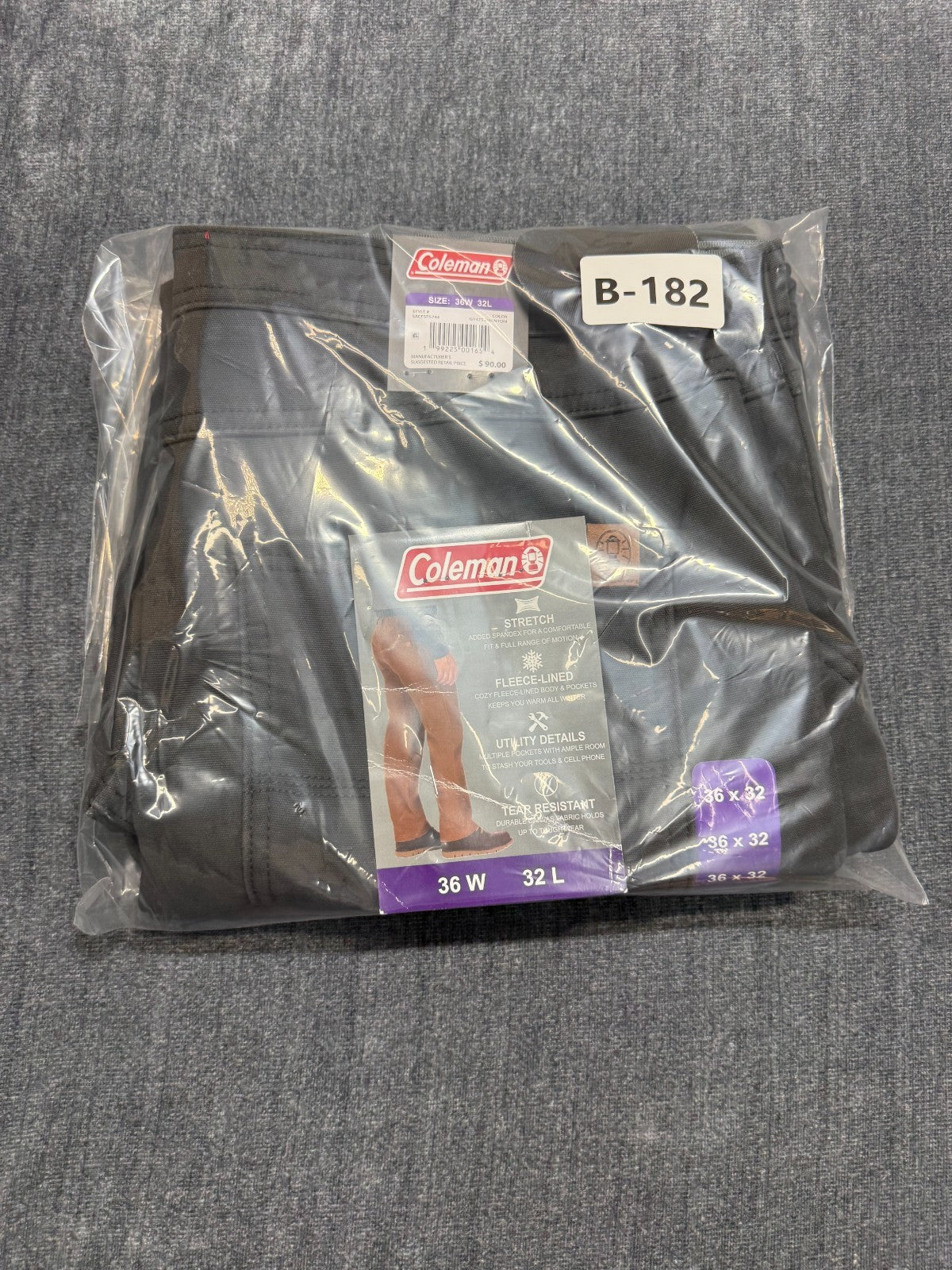 NWT Coleman Work Pants Men 36X32 Black Fleece Lined Straight Leg Pockets Pull-On