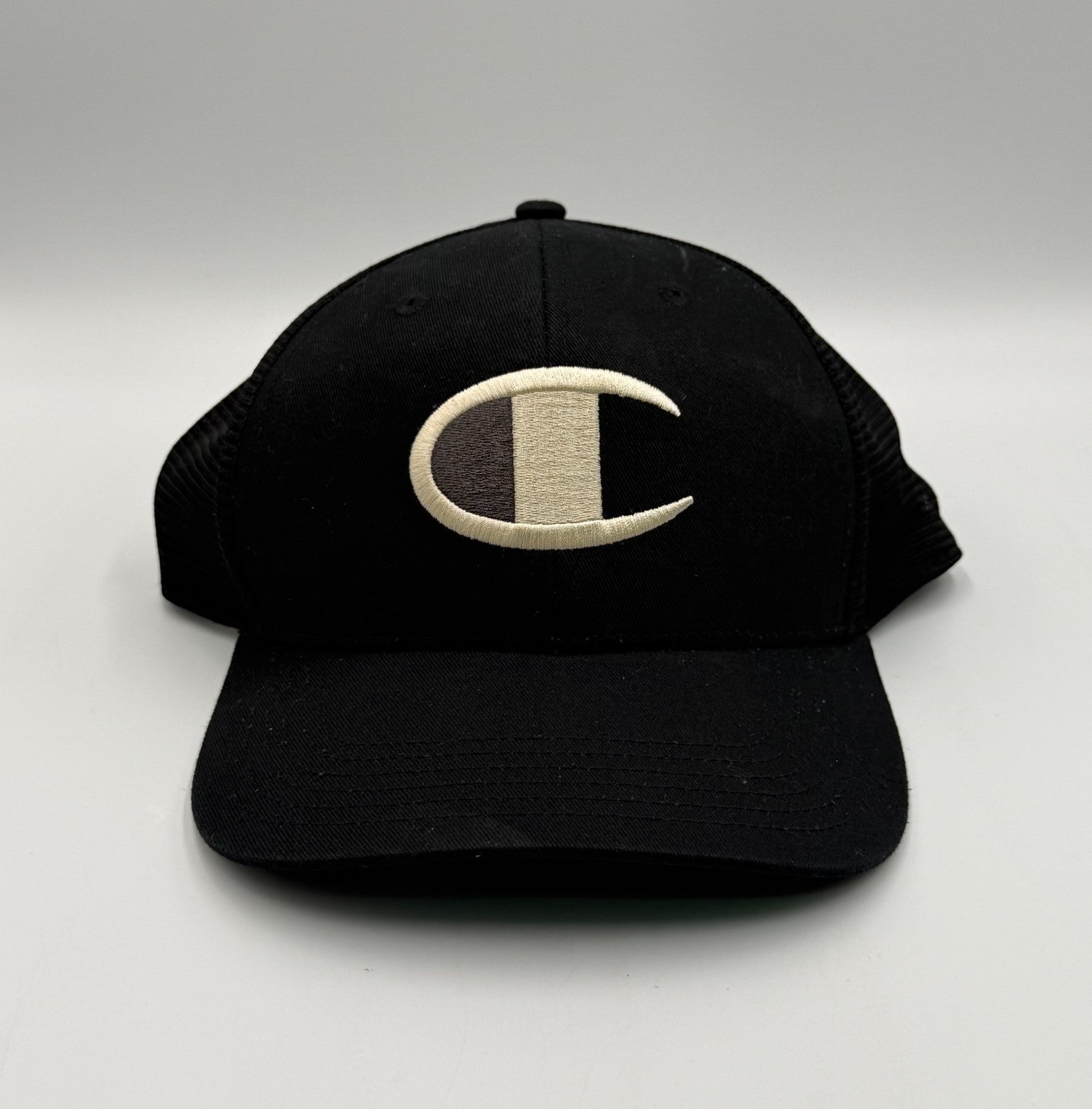 Champion Embroidered Logo Trucker Hat Unisex Black Mesh Snapback Baseball Cap
