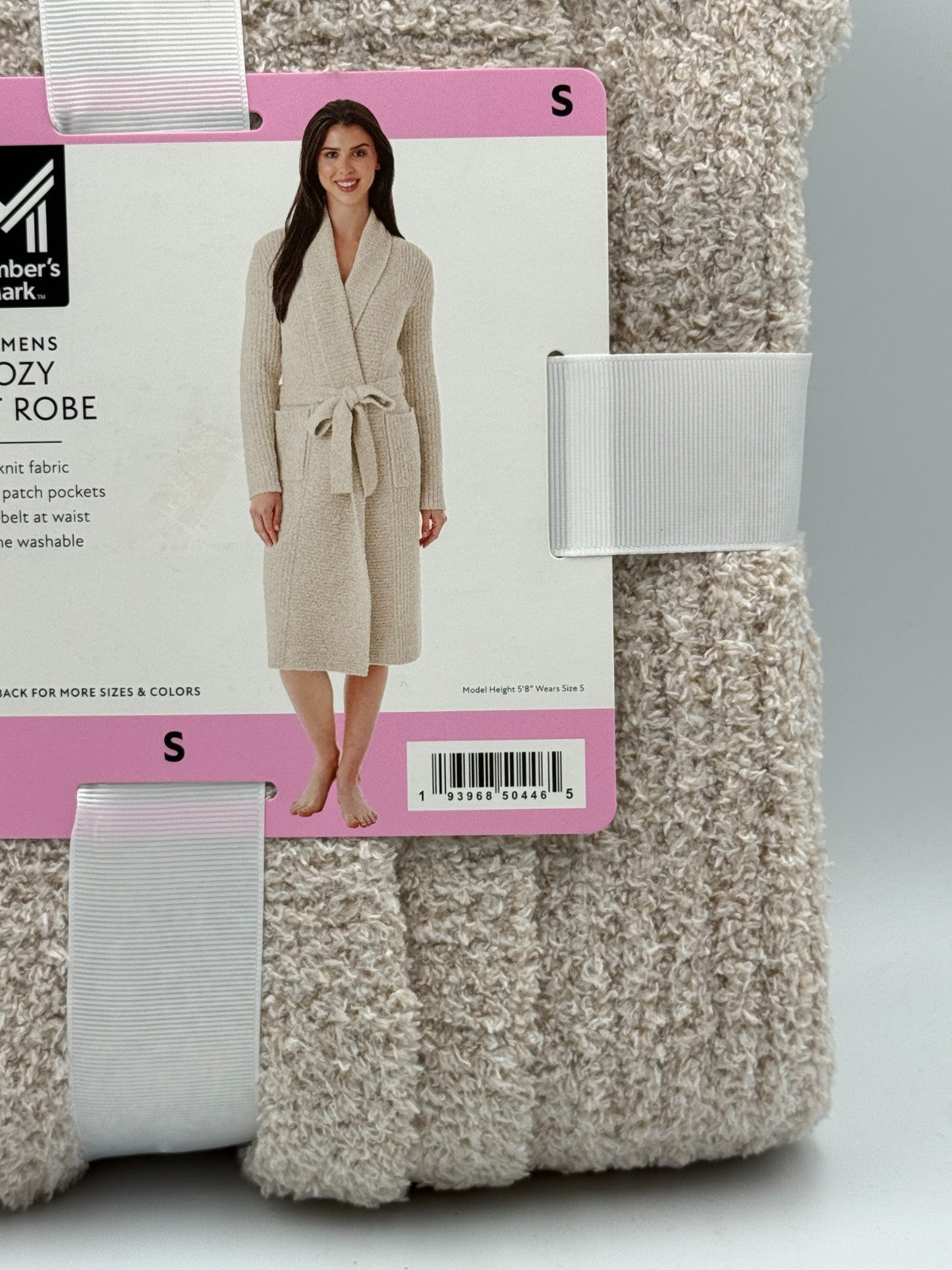 NWT Member's Mark Cozy Knit Robe Women's Small Beige Tie Belt Patch Pockets