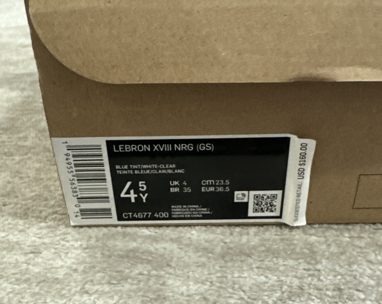 NIKE LEBRON XVIII 18 NRG BLUE TINT BOY'S BASKETBALL SHOES SIZE 4.5Y