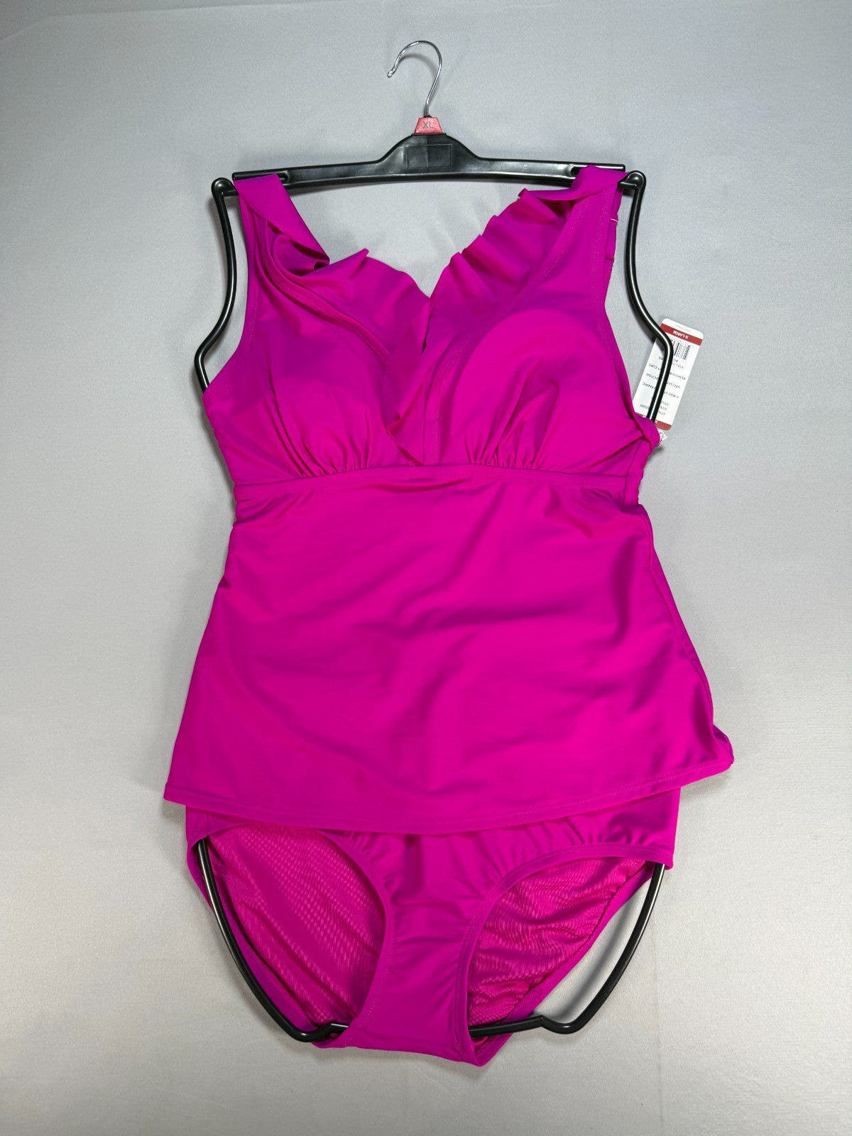 NWT DKNY 2-Pieces Ruffle Plunge Tankini Swimsuit Women's XL Fiesta Pink