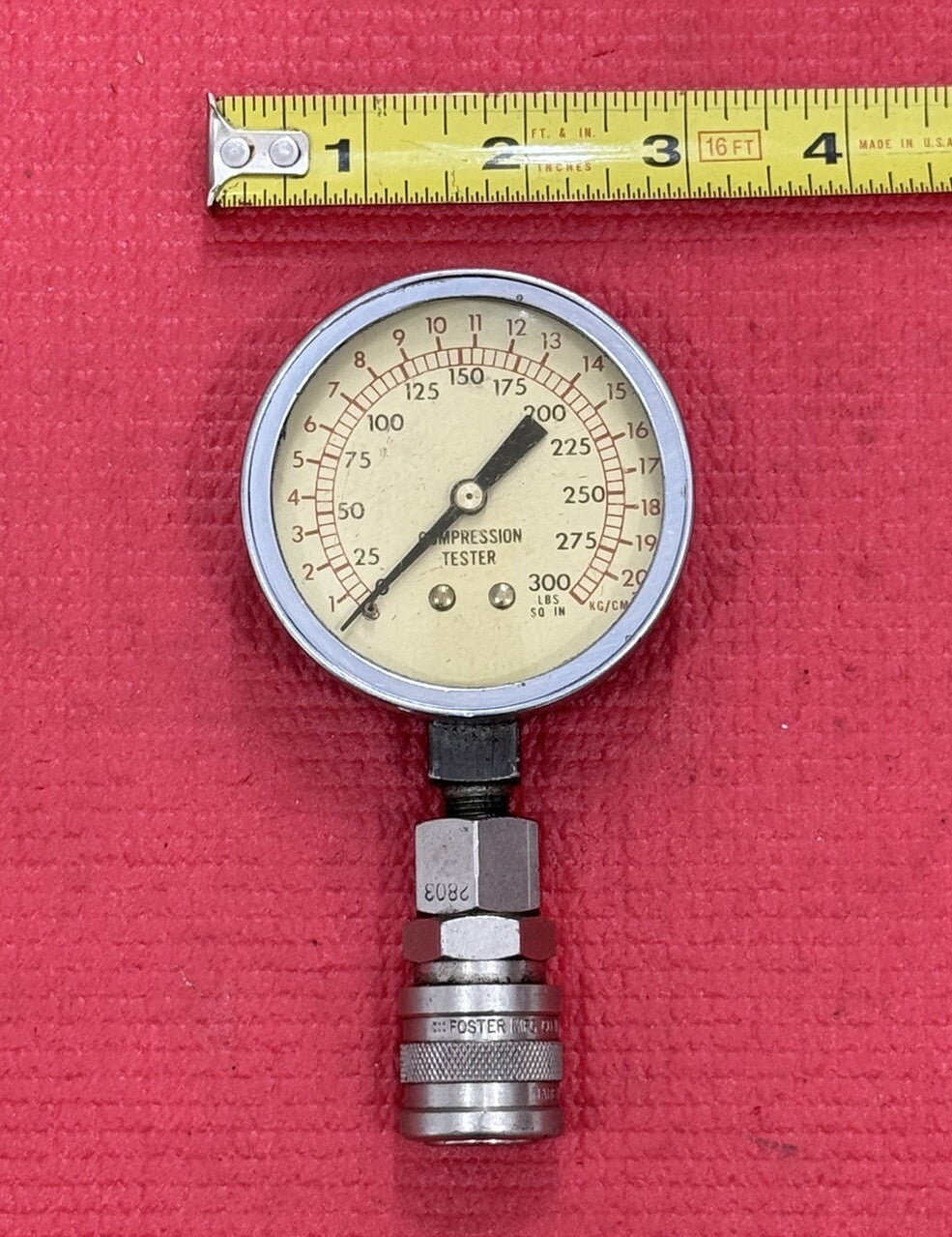 Vintage 300 PSI Compression Tester Meter Guage w/ Foster 2803 Air Hose Fittings