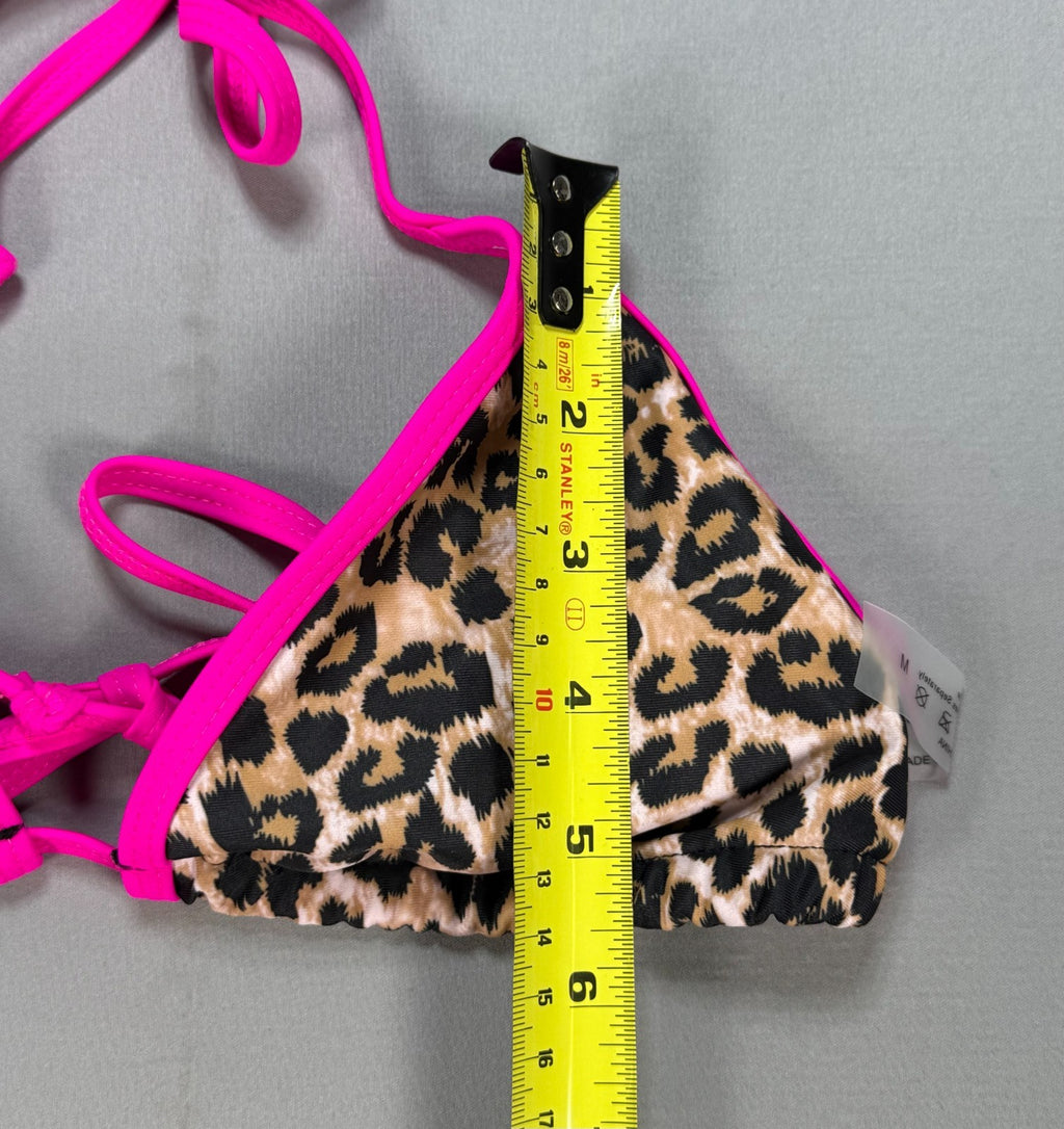 Women's Leopard Print Bikini Set Medium Pink Trim Triangle Top High Cut Bottoms