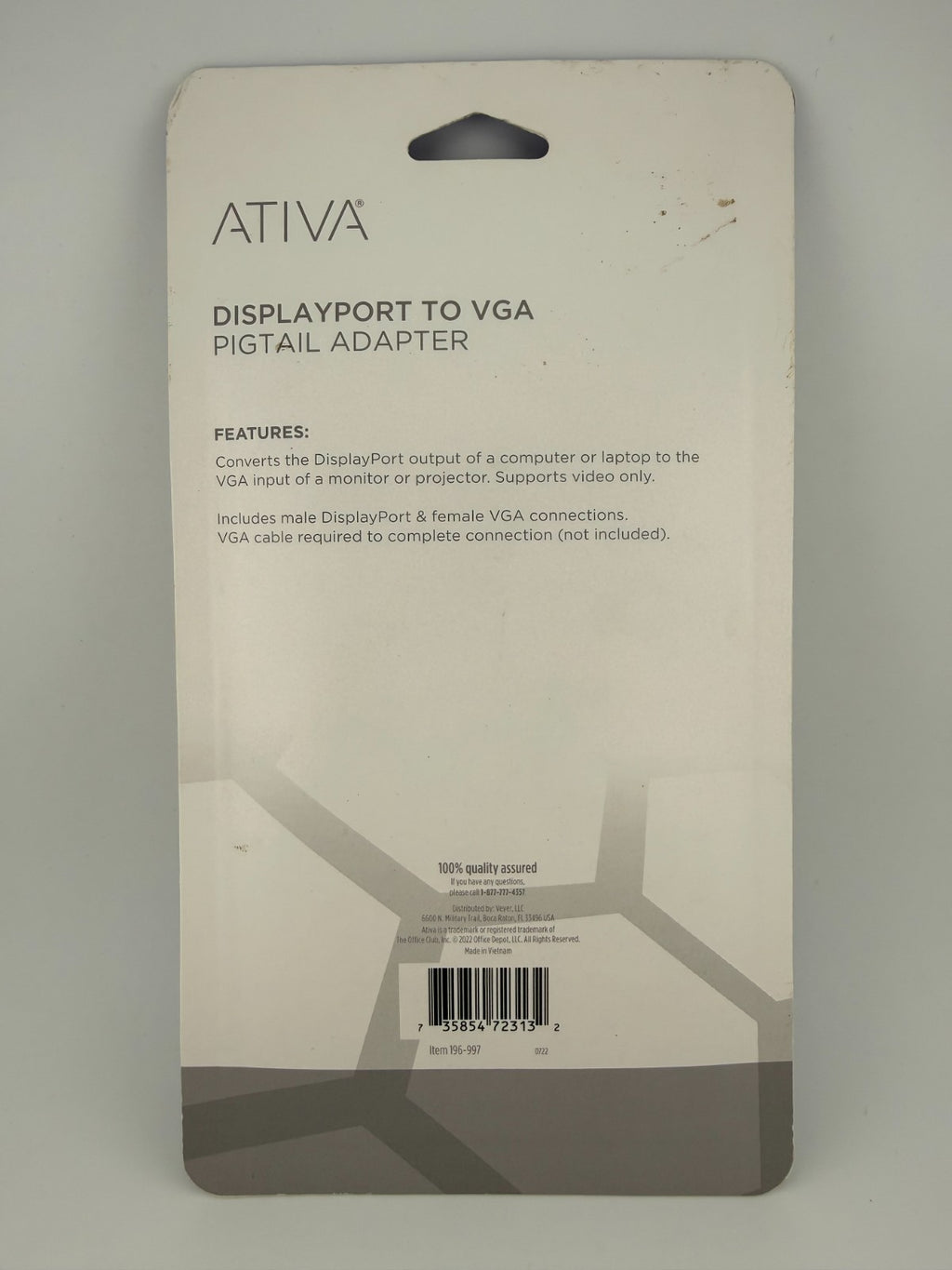 NEW Ativa 36543 Black 6-Inches Universal DisplayPort to VGA Pigtail Adapter