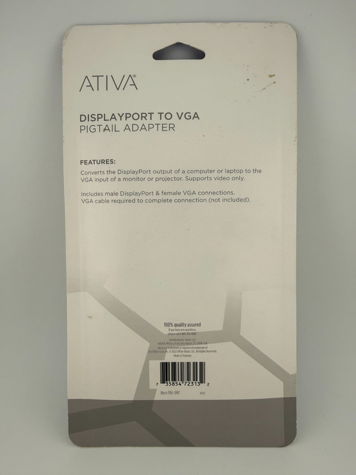 NEW Ativa 36543 Black 6-Inches Universal DisplayPort to VGA Pigtail Adapter