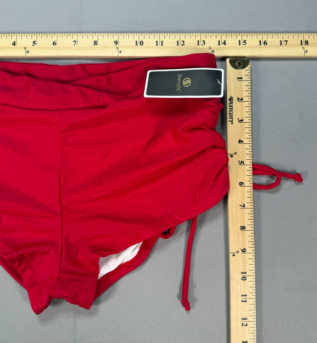 SherryDC High Waisted Swim Short Womens Large Red Adjustable Bikini Bottom