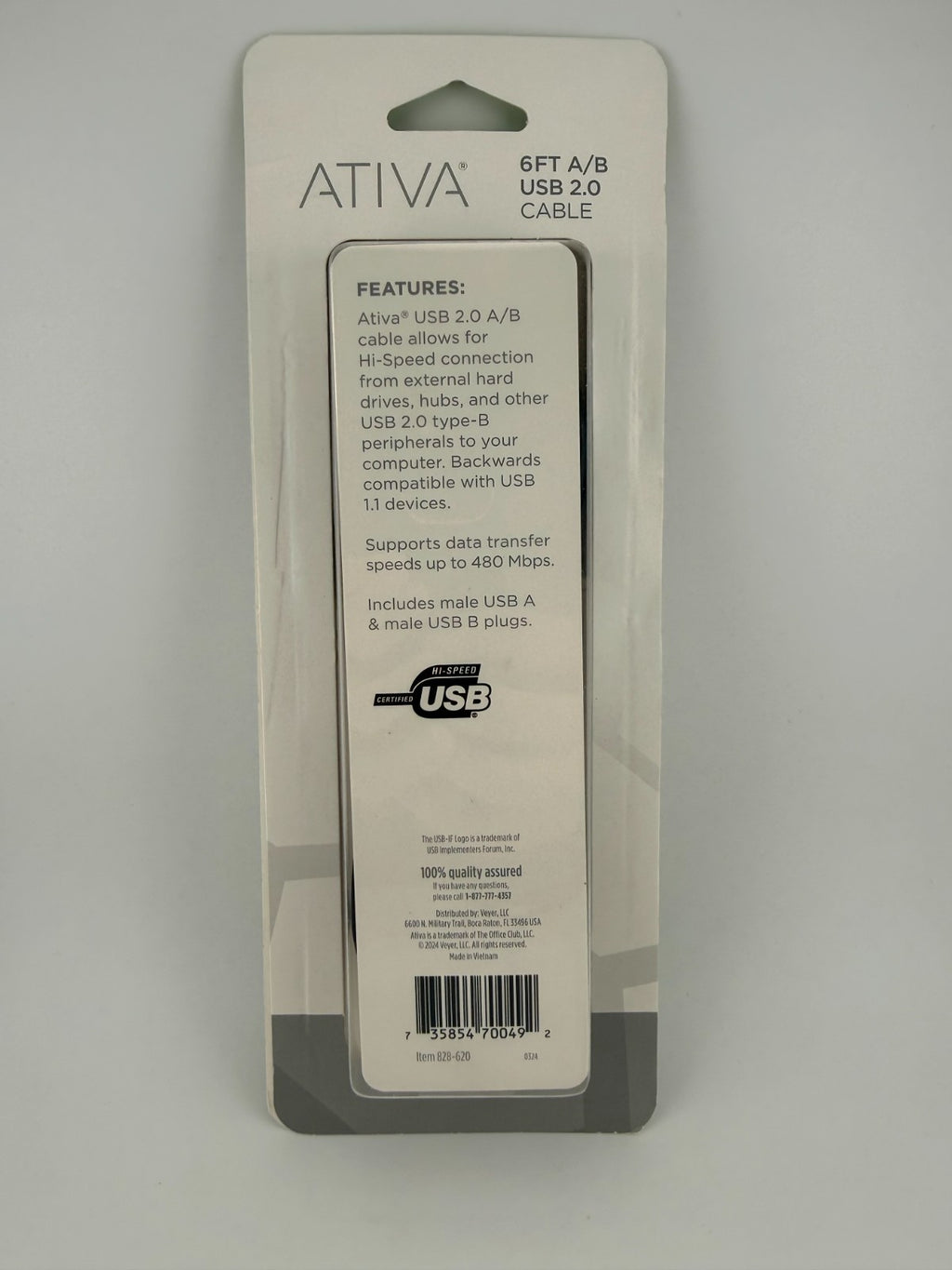 NEW Ativa 828-620 Black 1.83m High-Speed Cord 6ft USB 2.0 A to B Printer Cable