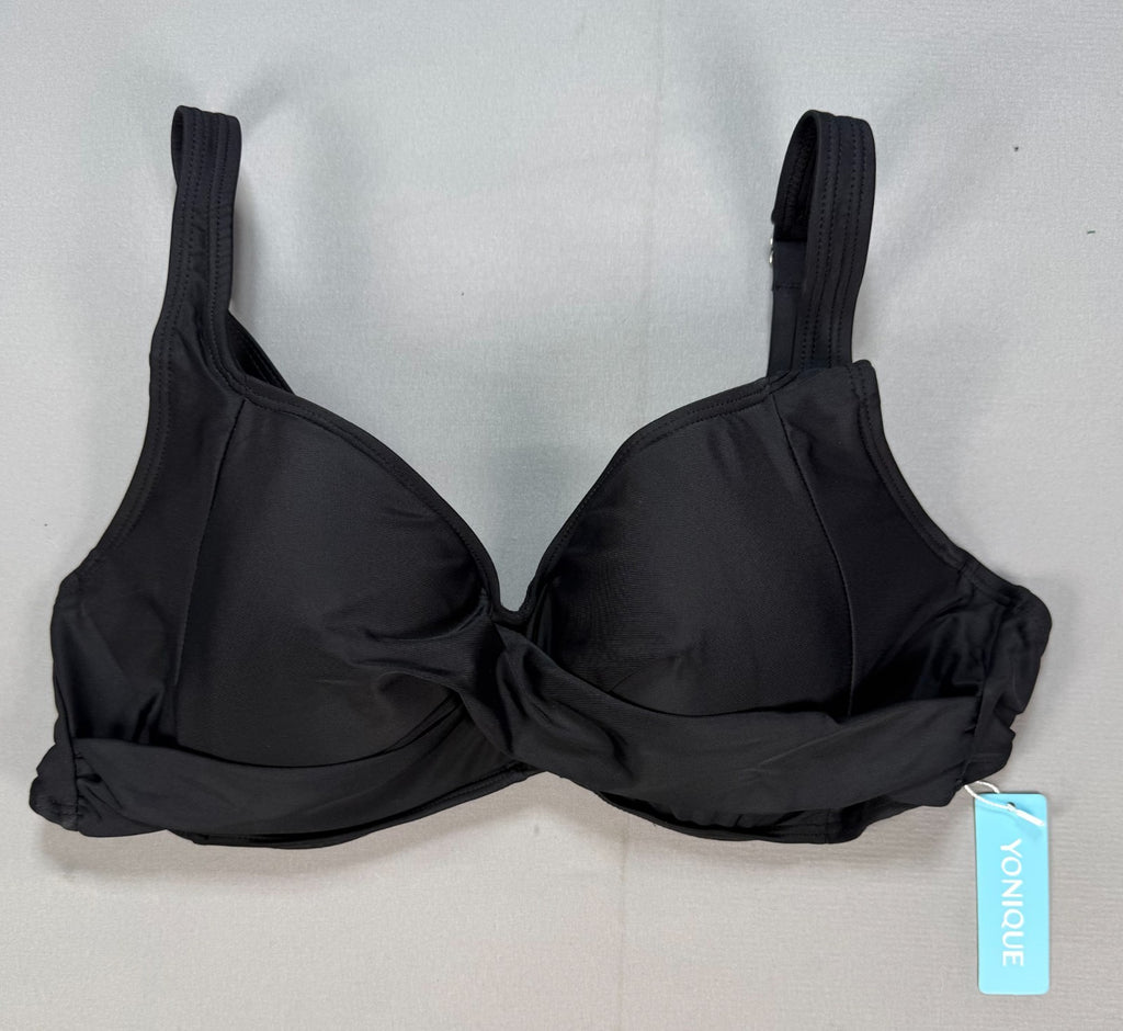 NWT Yonique Swimsuit Top Womens Black Twist Front Bikini Top Padded Push Up