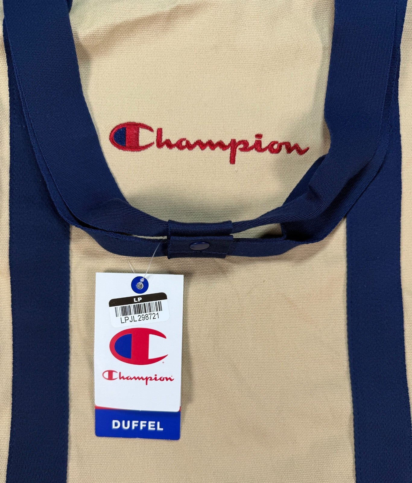 NWT Champion Canvas Duffel Bag Men's Large Tan Embroidered Logo Outdoor Gym