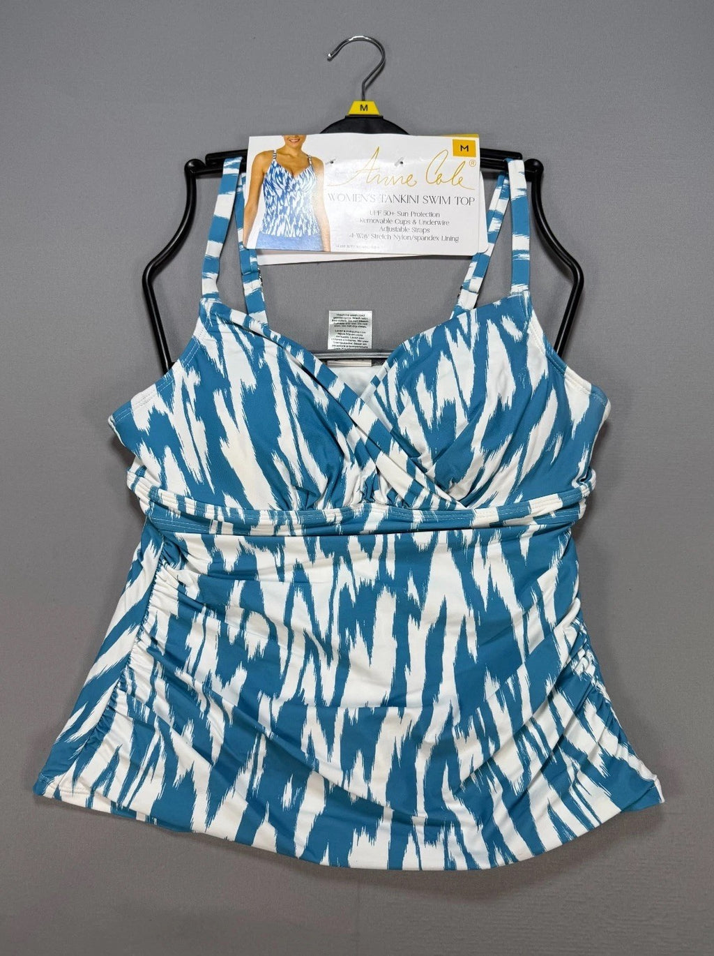 NWT Anne Cole Ruched Bustier One-Piece Swim Top Women's Medium Blue White UPF 50