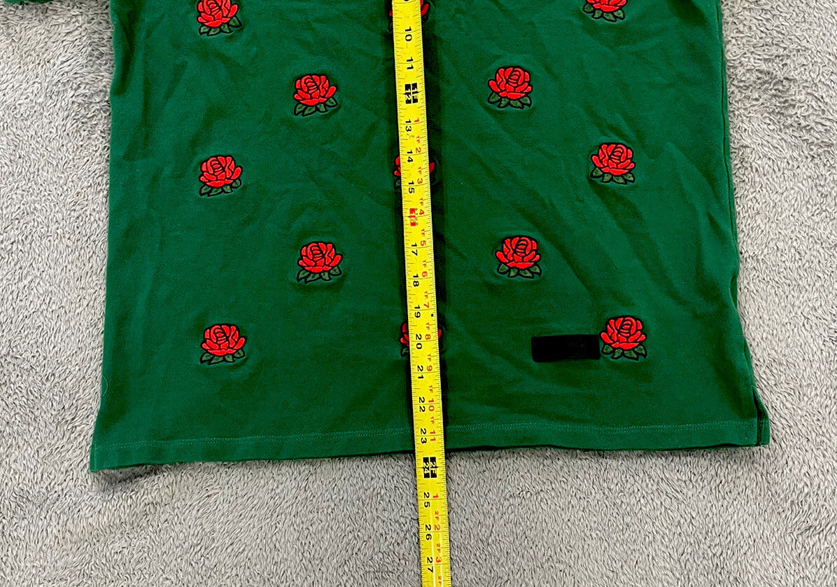 Damati Men's Size Large (L) Polo Short Sleeve Roses Embroidered Green Cotton