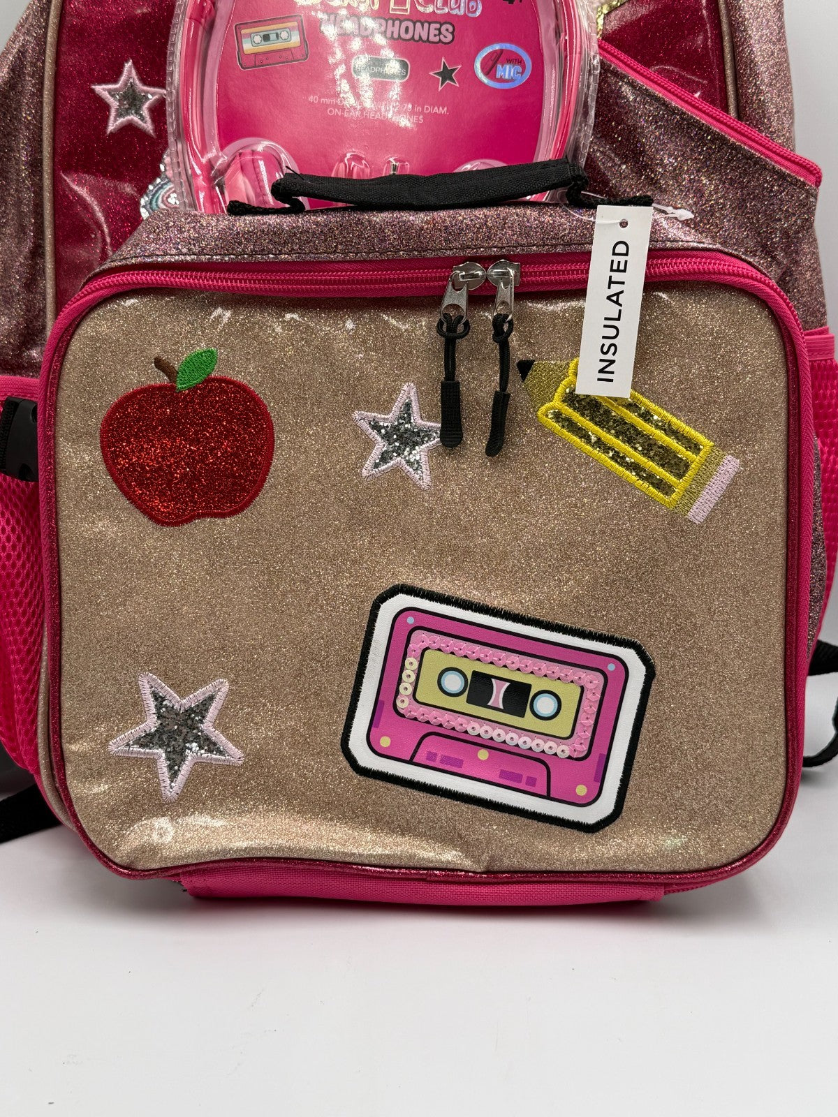 Locker Club Kids Pink Gold Glitter Retro Patch School Backpack Headphone 3Pc Set