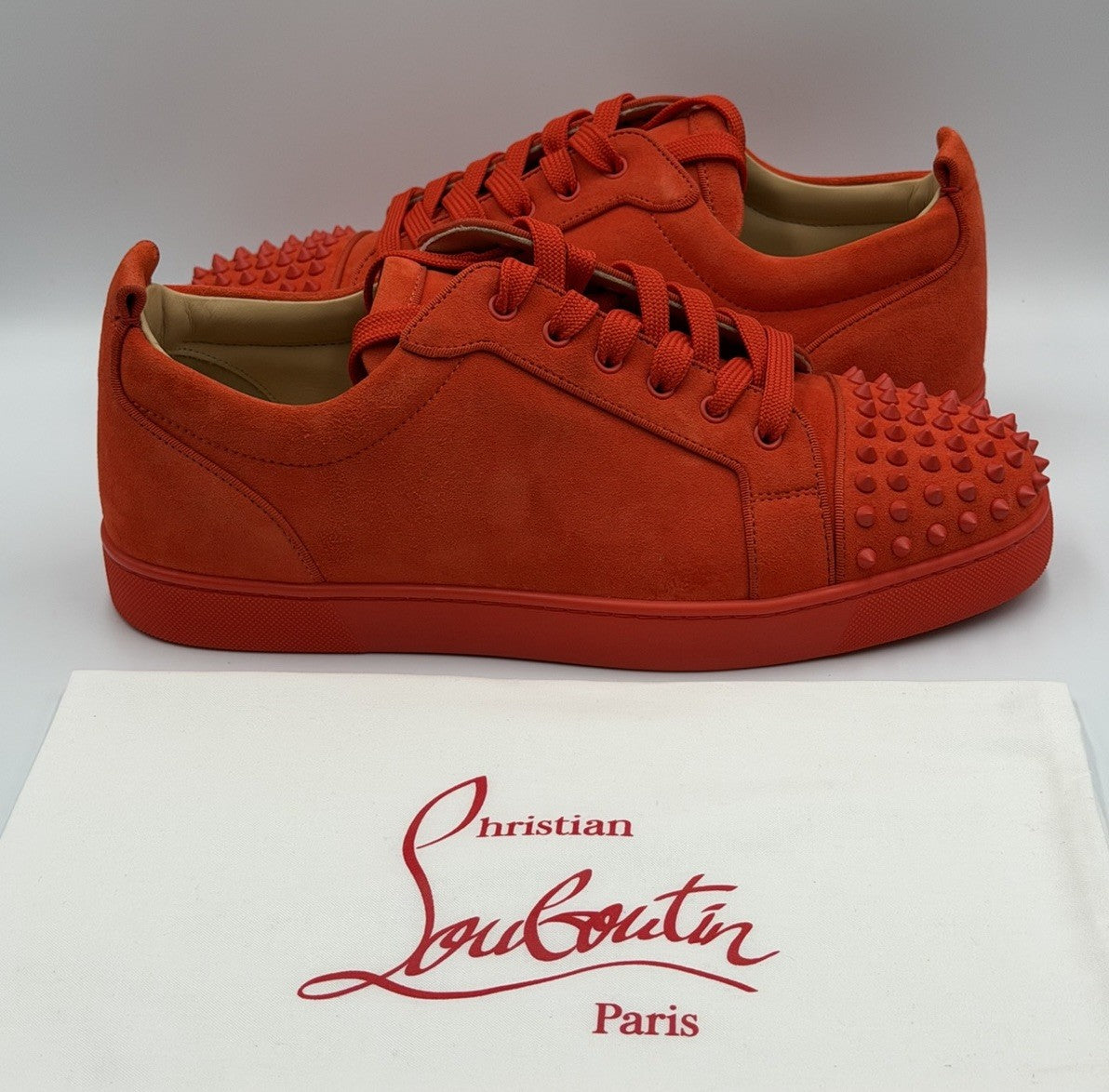 AUTHENTIC Christian Louboutin Junior Orange Suede Sneakers 44.5 EU 11.5 US