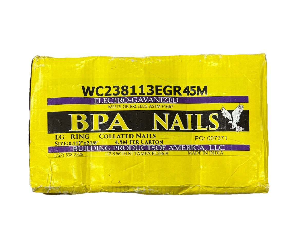 BPA NAILS Electro Galvanized Collated Roofing Nails 0.113” x 2 3/8” (QTY 4500)
