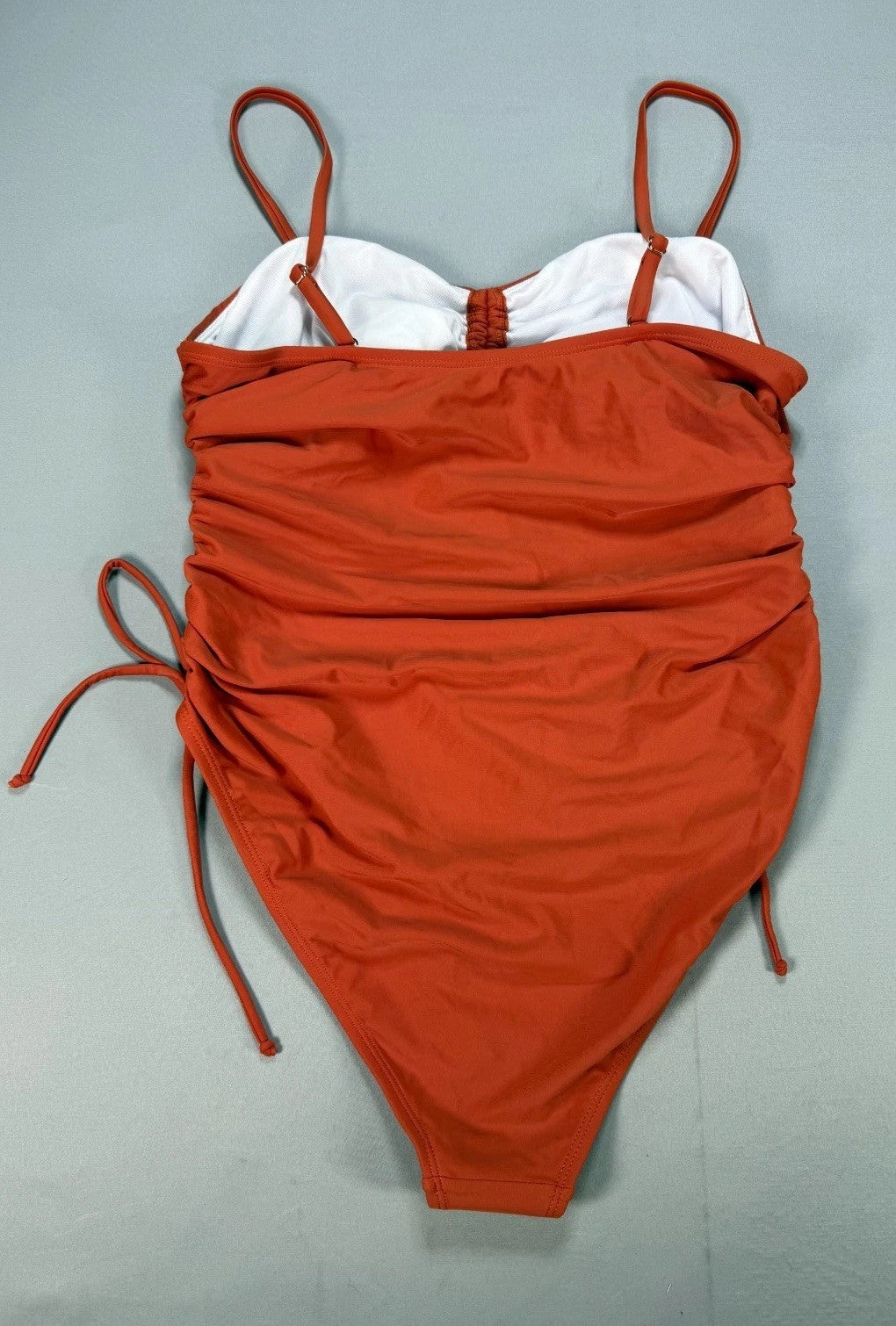 Women Drawstring One Piece Swimsuit XL Rust Orange Cutout Ruched Side Tie Summer