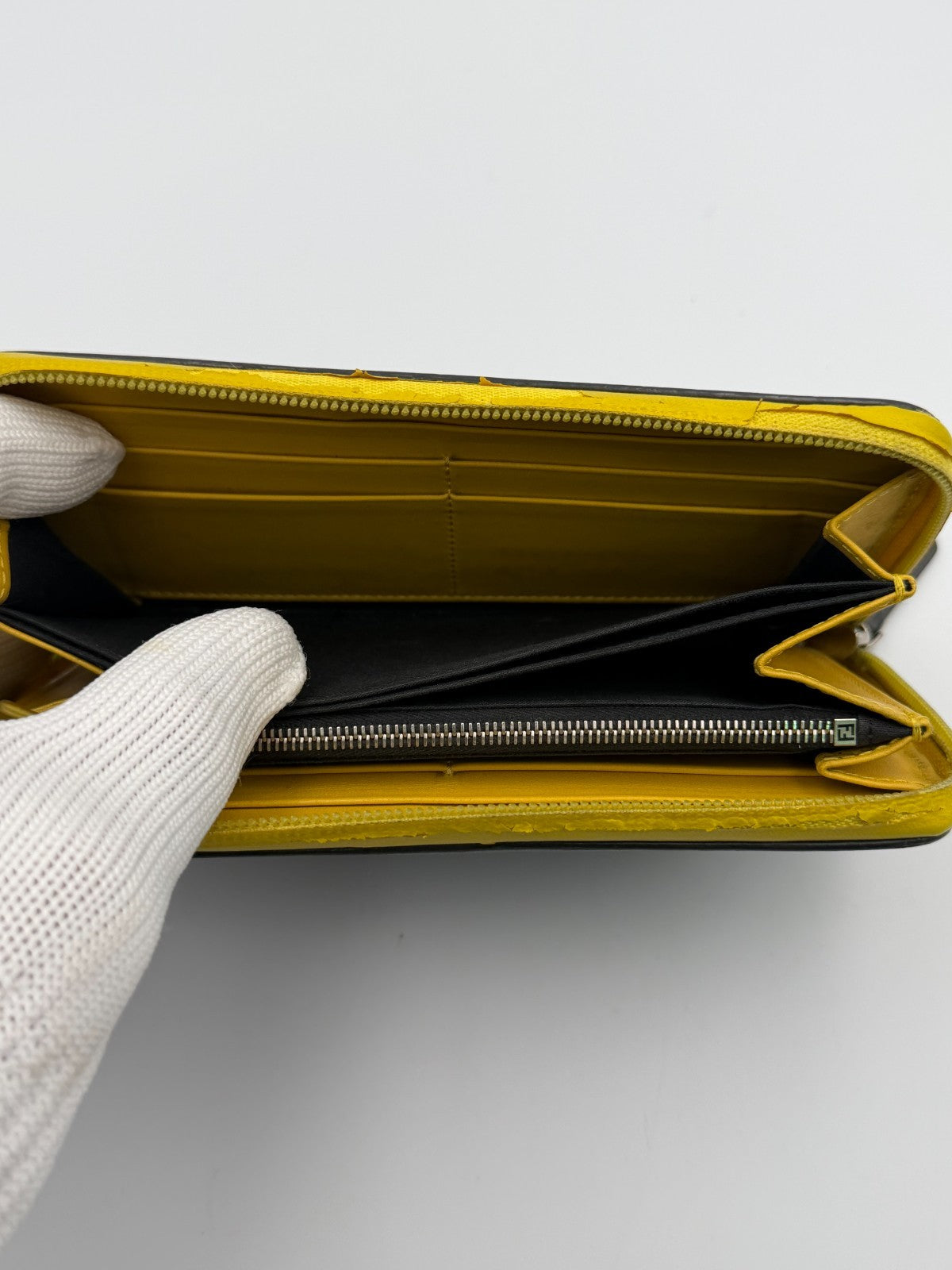 Fendi Monster 7M0210 Bug Eyes Zip Around Long Wallet Black Leather Yellow Trim