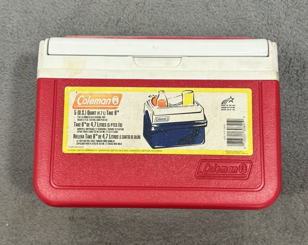 Vintage Coleman Red Flip Top Lid Personal Mini Cooler 5205, 6 Pack Lunchbox